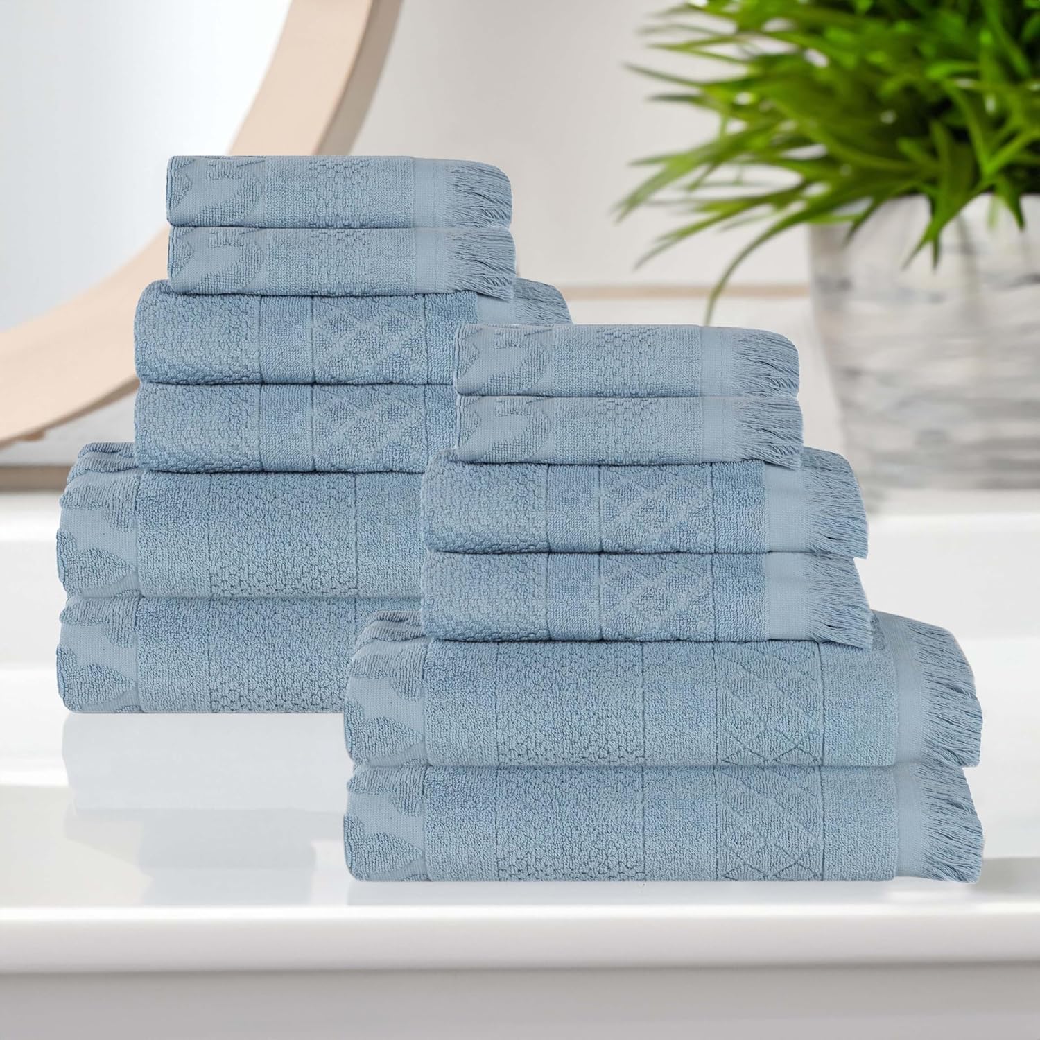 Superior Cotton 12 Piece Towel Set, Quick Dry, Bathroom Essentials, Shower, Spa, Luxury Plush Soft Absorbent Towels, Includes 4 Bath, 4 Hand, 4 Washcloth/Face Towels, Rolla Collection, Blue - Image 2