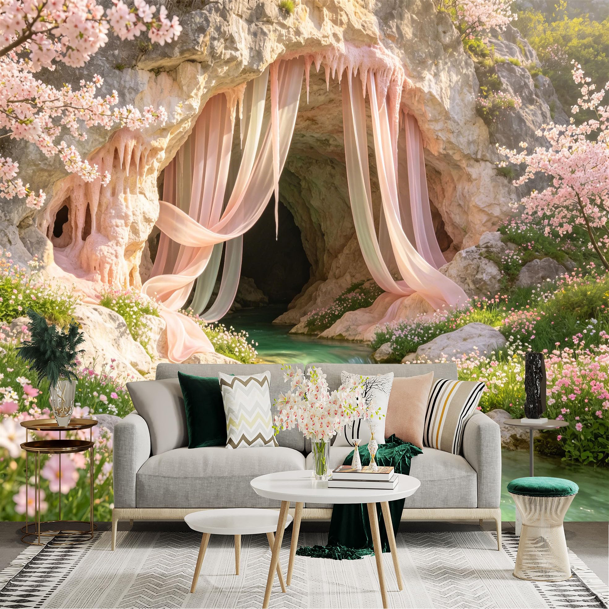 Lnzczhyre Dbh260521808 Custom Size Wall Sticker Mural， Dreamy Cave With Pink Fabric Drapes， Blooming Cherry Blossom Trees， Sparkling Green River， For Wall Decoration， Peelandstick Wall Decals.