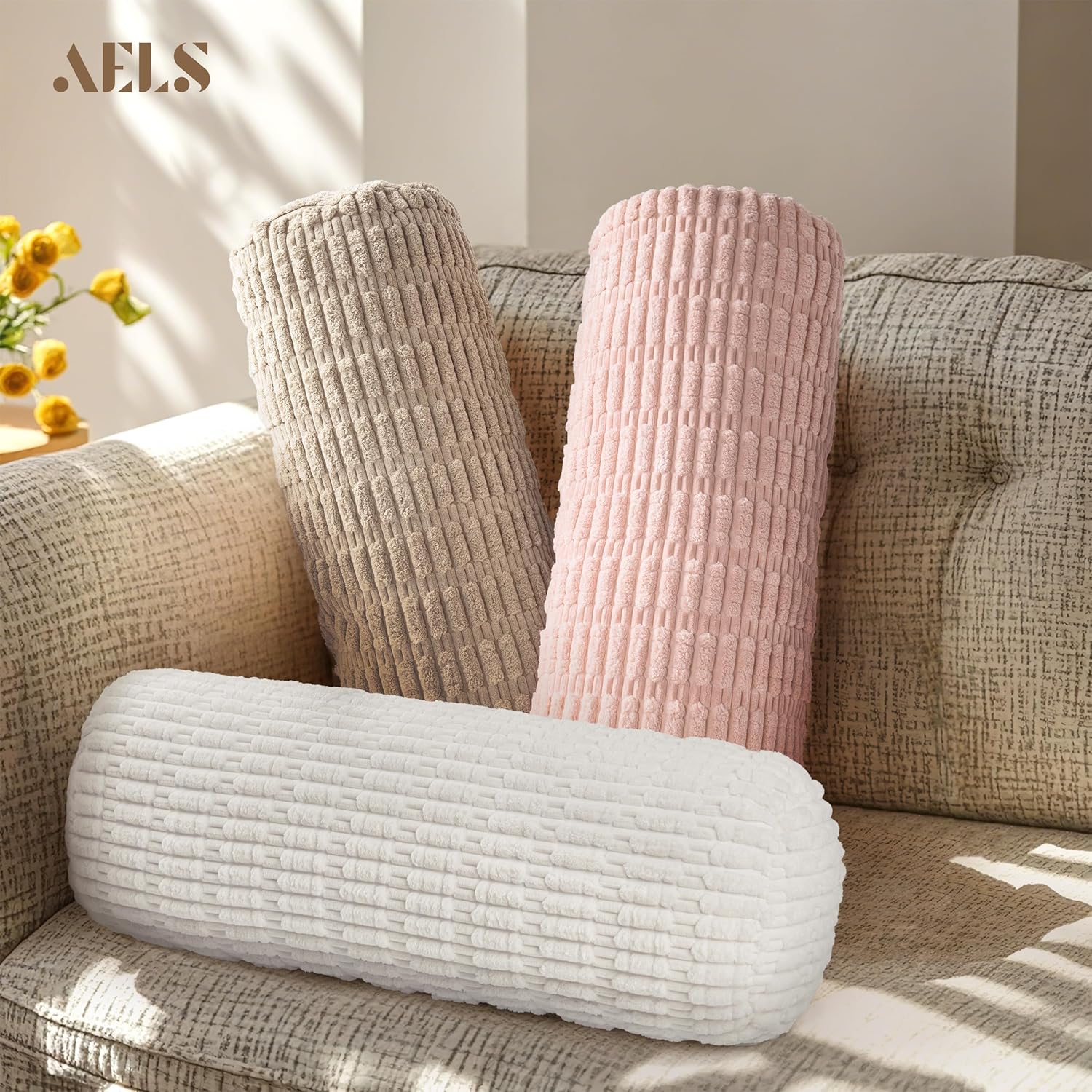 AELS Corduroy Striped Cylinder Pillows, 8" x 24" Decorative Bolster Pillows with Removable Washable Cover and Insert, Body Pillow for Couch and Bed, Living Room Bedroom Nursery Decor, Pink