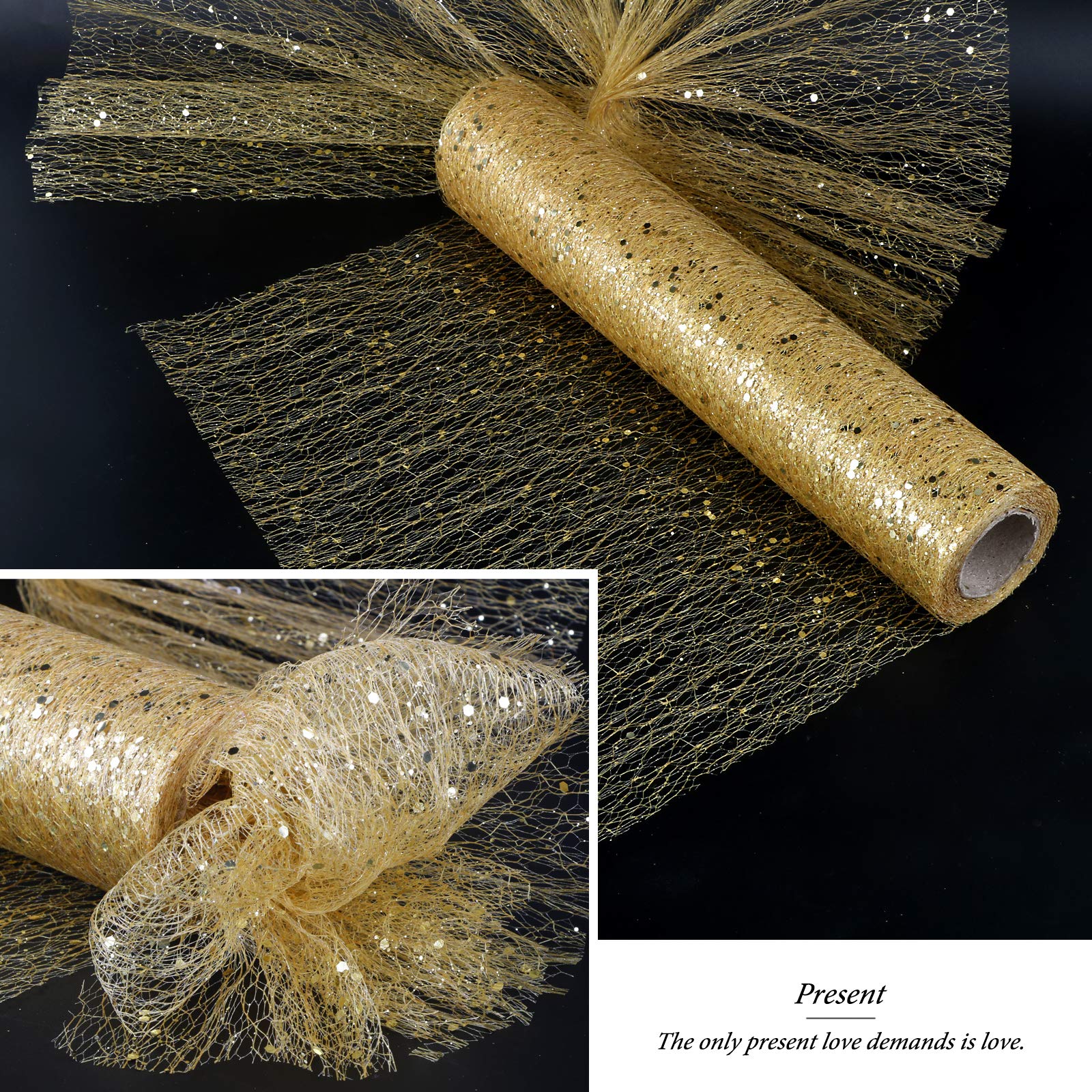 Rotolo Tulle Glitterato Oro 30cm X 10m - Nastro Per Decorazioni, Bouquet, Matrimoni, Fai Da Te, Con Paillettes - Foto 3