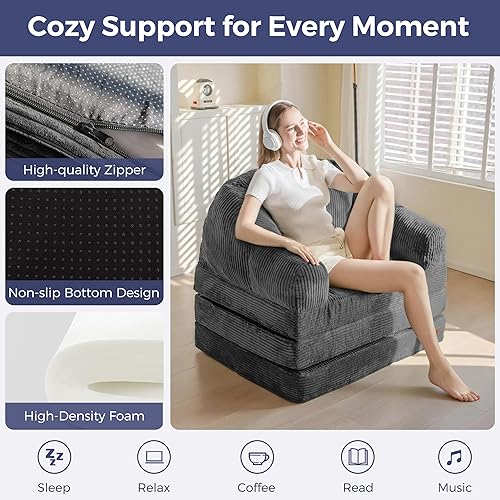 Miniatura 5 de MAXYOYO Sofá cama plegable con respaldo, sofá cama plegable sin hueso con asa, puf convertible 2 en 1, sillón a sofá tumbona, cómodo sofá plegable