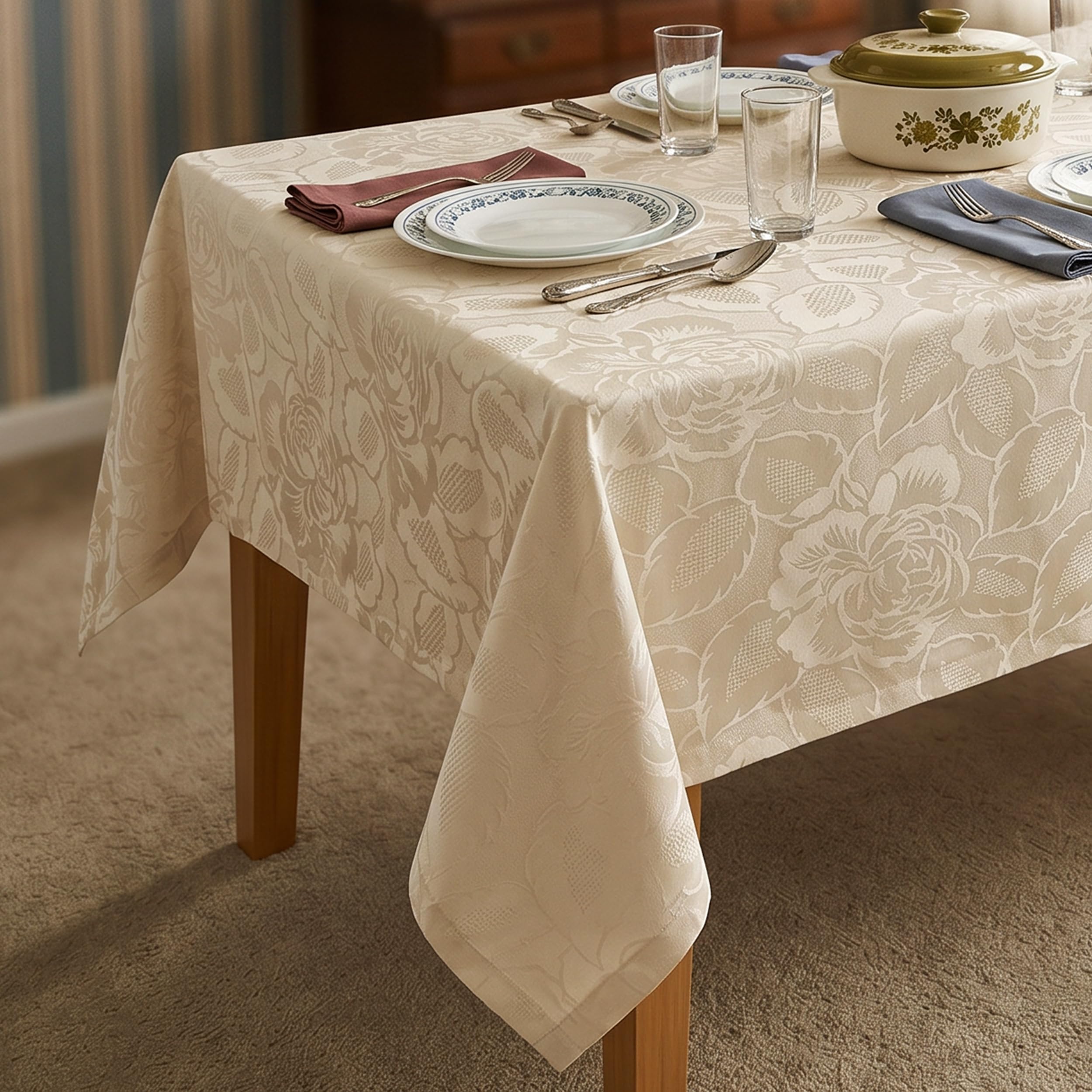 DecoHomeTextil Retro Tischdecke Rosalia mit feinem Rosenmuster – Für eine warme, Elegante Tischatmosphäre, Rechteckig 160 x 320 cm Champagner, der Klassiker
