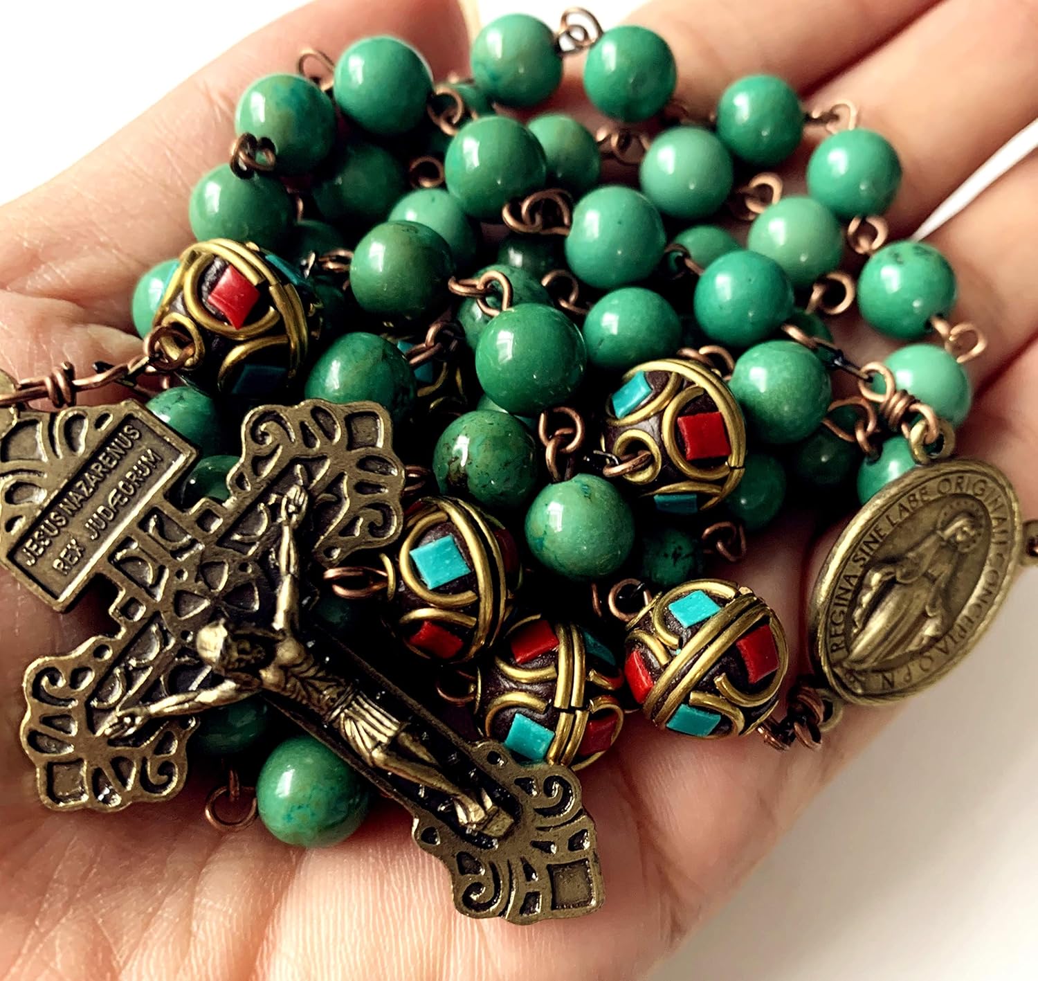 elegantmedical Handmade Tibet BEADS & Turquoise bead Catholic ROSARY Bronze CROSS Necklace gift box - Image 7