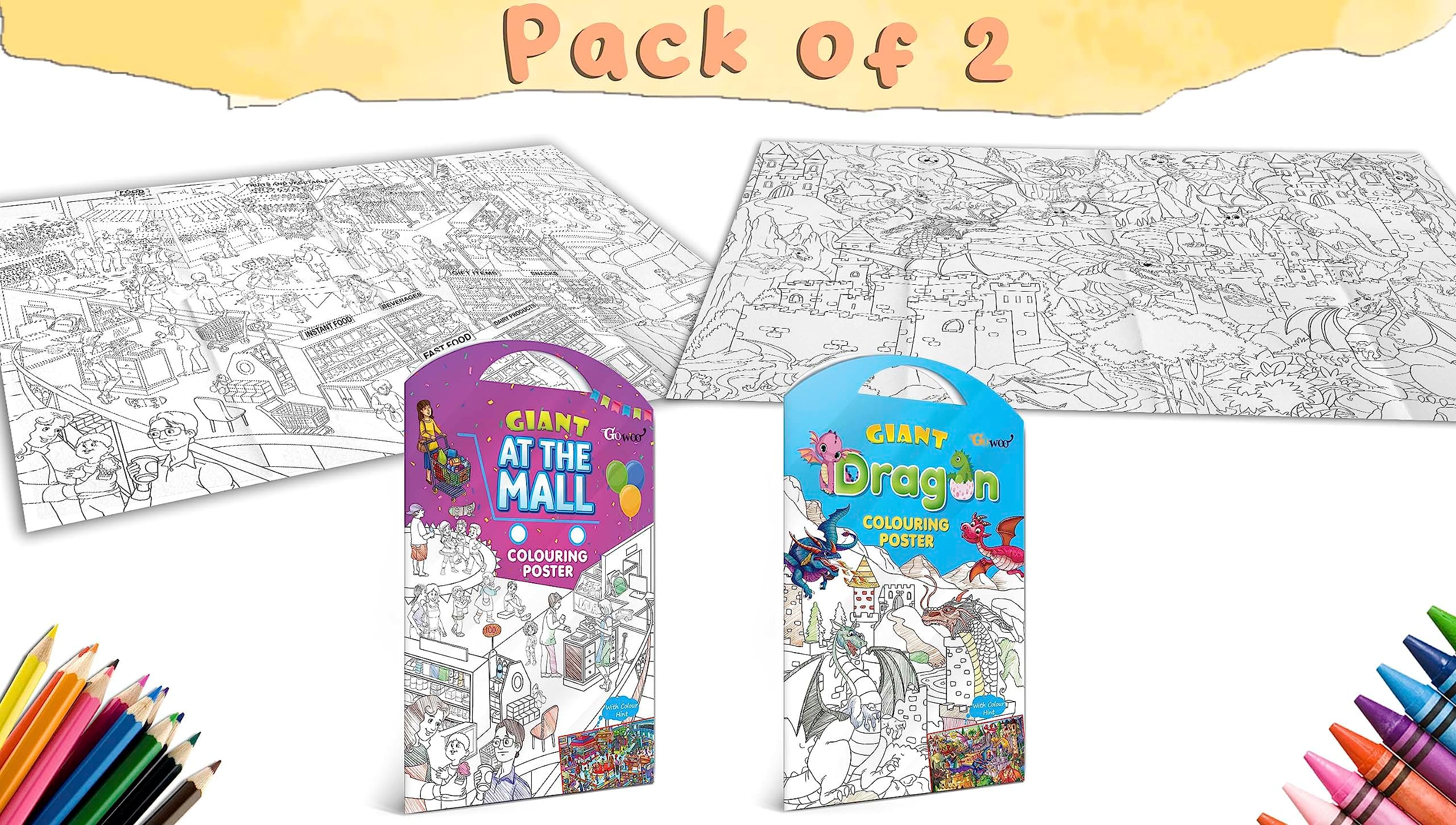 GIANT AT THE MALL COLOURING POSTER and GIANT DRAGON COLOURING POSTER | Set of 2 Posters I Giant Coloring Posters Master Collection