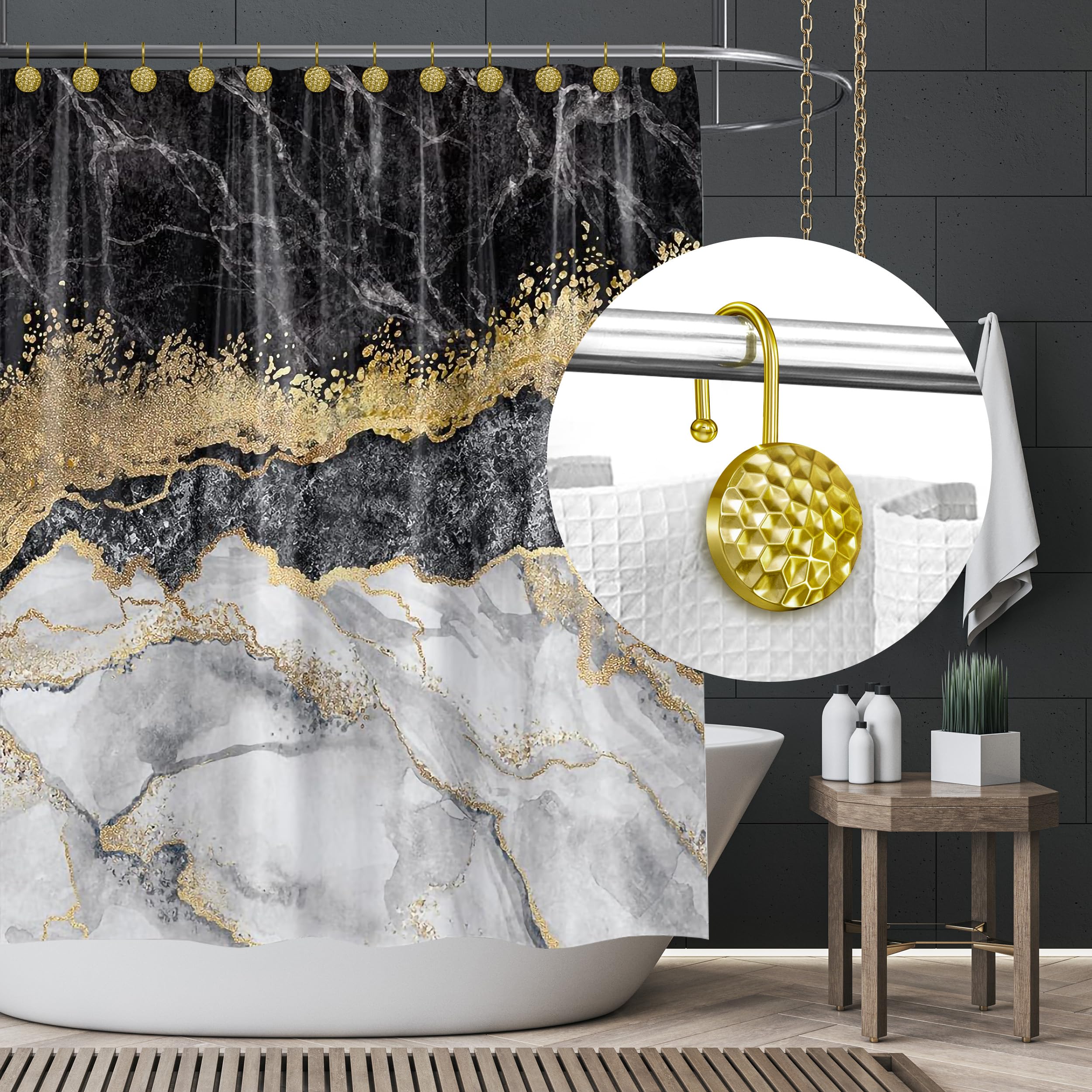 Sunlit Ganci per tenda da doccia dorati, in metallo, decorativi per la casa, per il bagno, moderni ganci per tenda da doccia, accessori da bagno, set di 12