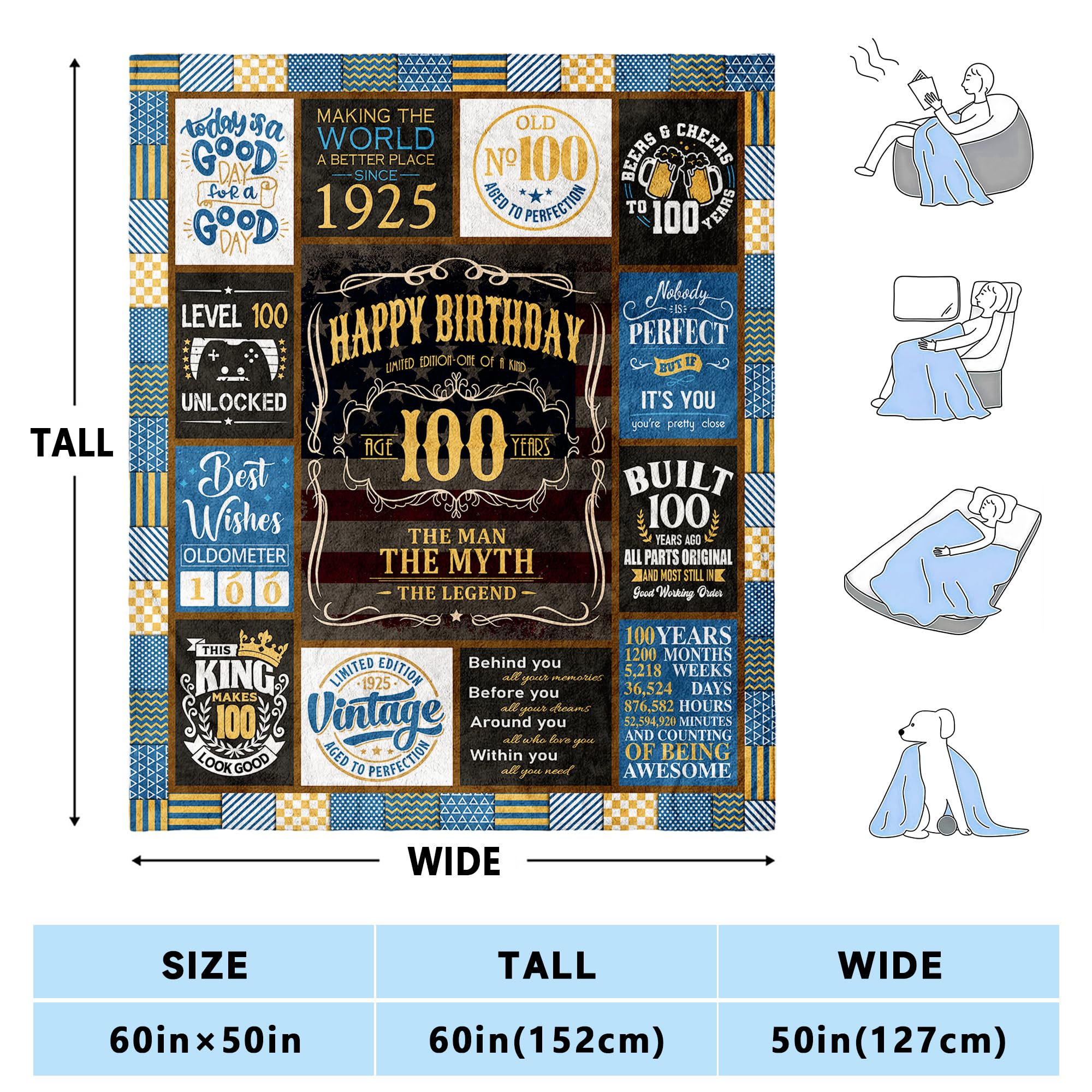 MUCHNEE Personalisierte Fleecedecke Zum 100. Geburtstag – 127x152 Cm, Weich, Waschbar, Geschenk Für Opa & Vater