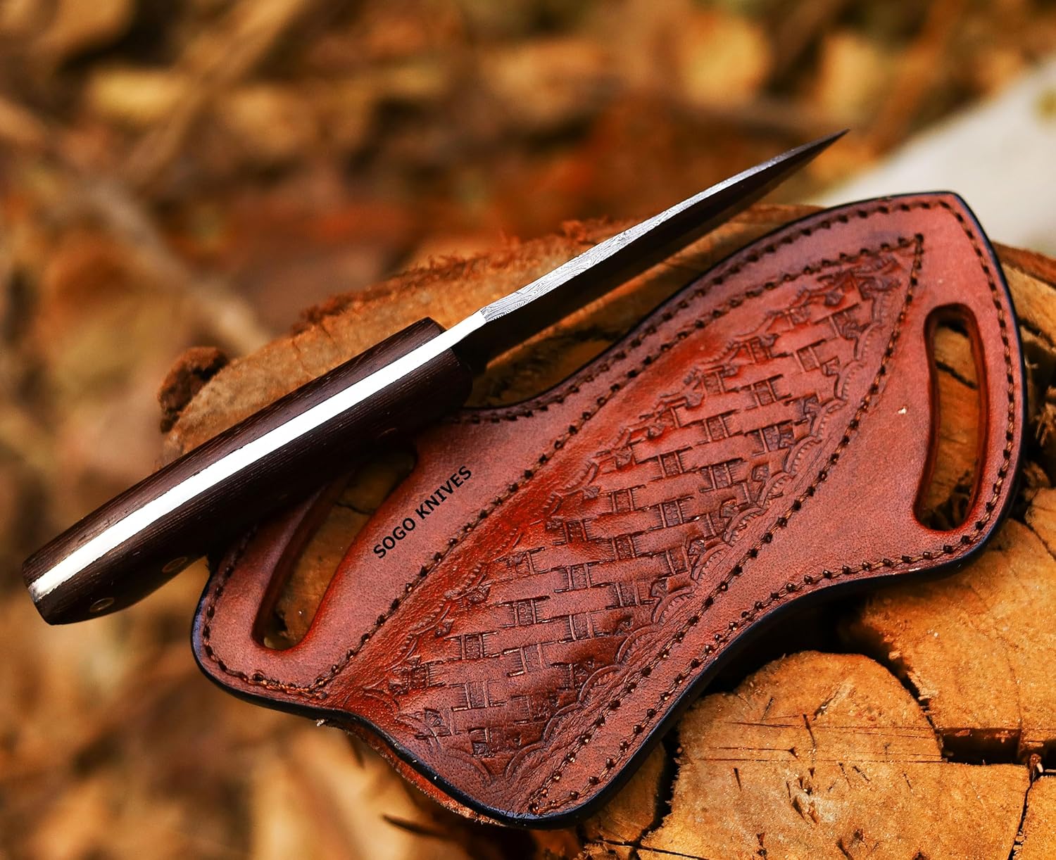 Fixed Blade Damascus Steel Hunting Knife with Leather Sheath, 9'' Full Tang Hunting Skinning,Non-Slip Wooden Handle,Camping Knife (VENGI)