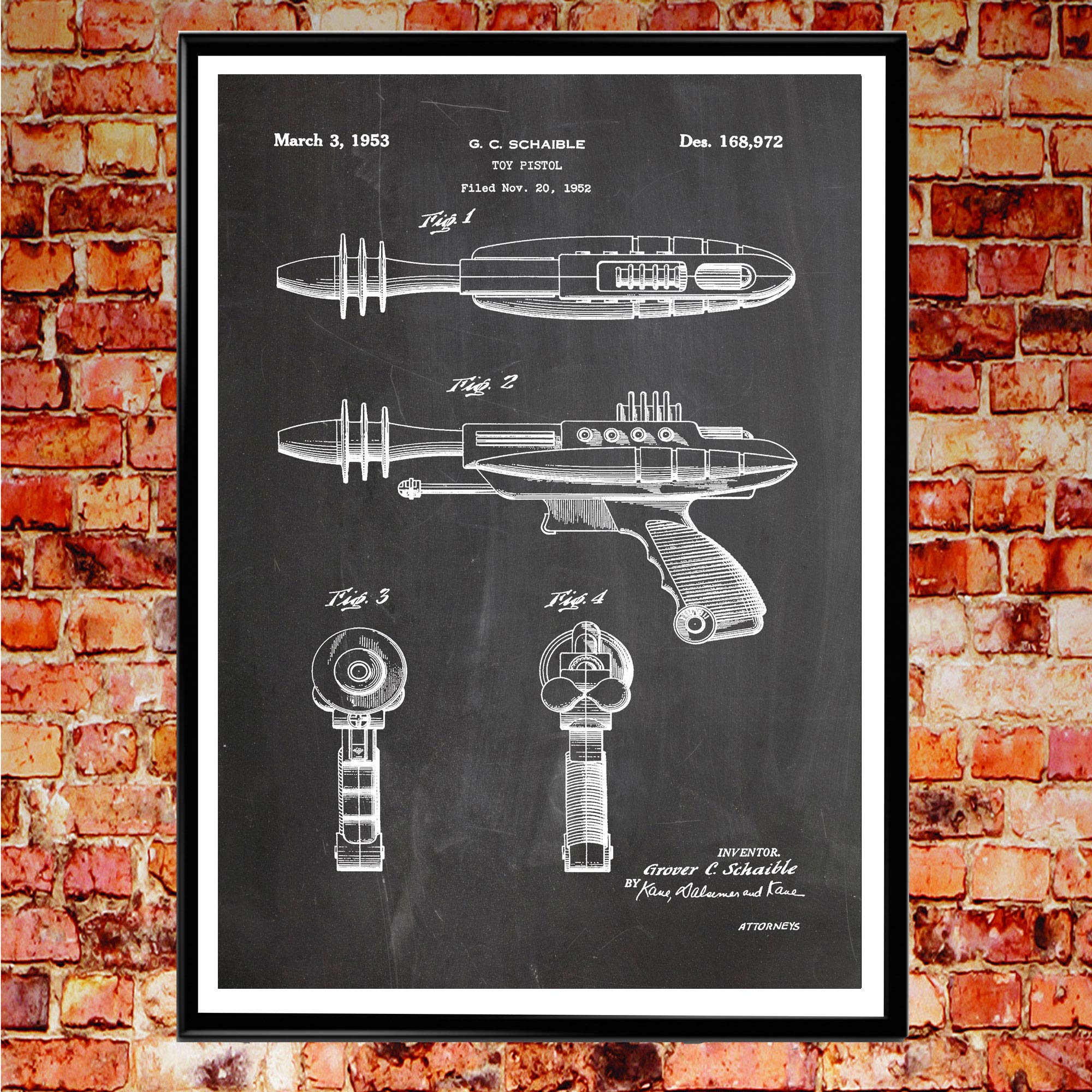 Space gun toy affiche vintage tableau noir pour decoration bureau geek et salon