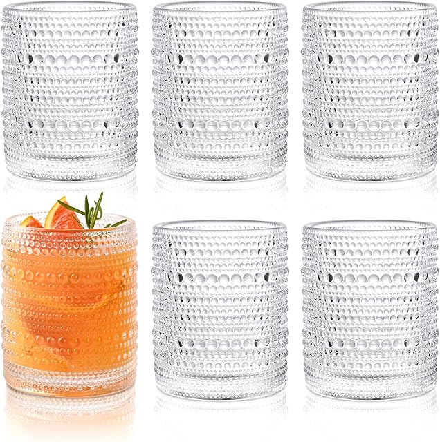 KMIGRUAN Hobnail Drinking Glasses Set of 6,12oz Vintage Glassware Embossed Vintage Water Cups Cocktail Glasses Juice Glasses