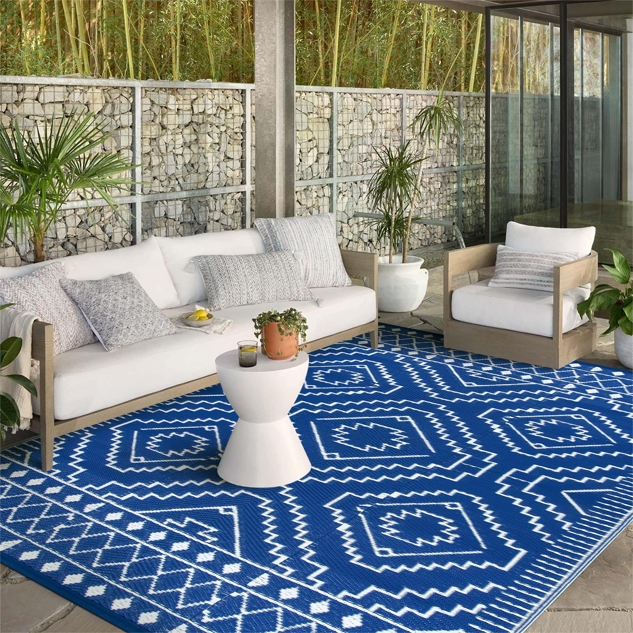 Wonnitar Outdoor Rugs 8x10 Waterproof Plastic Straw Rug, Large Outdoor Camping Rug for RV, Reversible Portable Outside Lightweight Area Rug for Backyard Balcony Beach Picnic, Blue