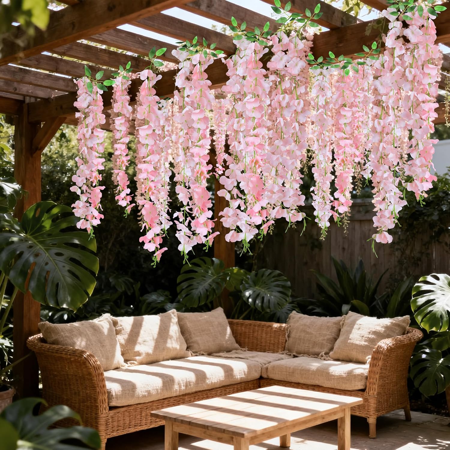 60 Branches Wisteria Hanging Flowers, 4Pcs Wisteria Artificial Flowers Garland, Artificial Wisteria Vine Silk Hanging Flower for Home Garden Outdoor Ceremony Wedding Arch Floral Decor (Pink)