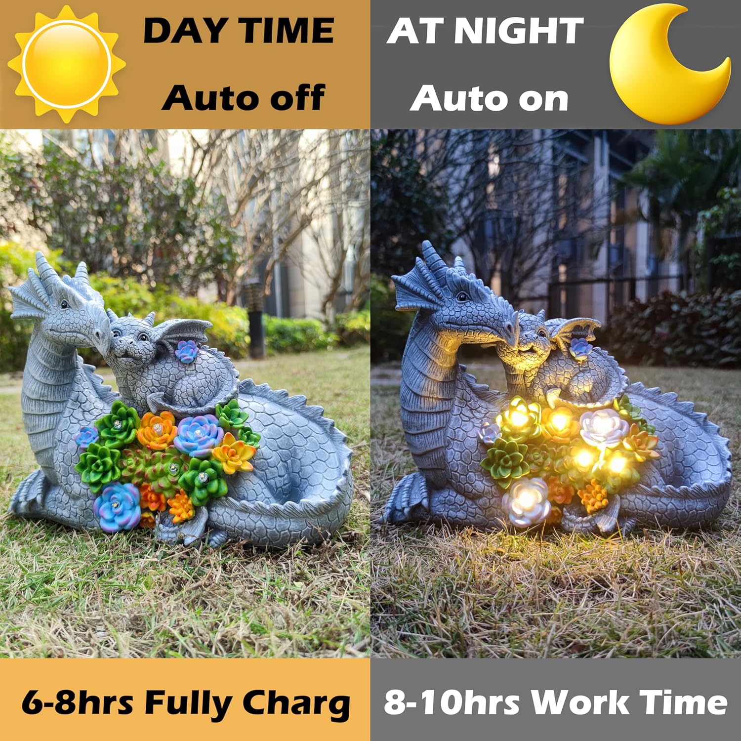 Solar Dragon Garden Statues Outdoor Decor, Resin Dragon Figurine with Succulent and 6 LED Lights Lawn Patio Balcony Art Decoration,Housewarming Birthday Gifts for Grandma Mom Women