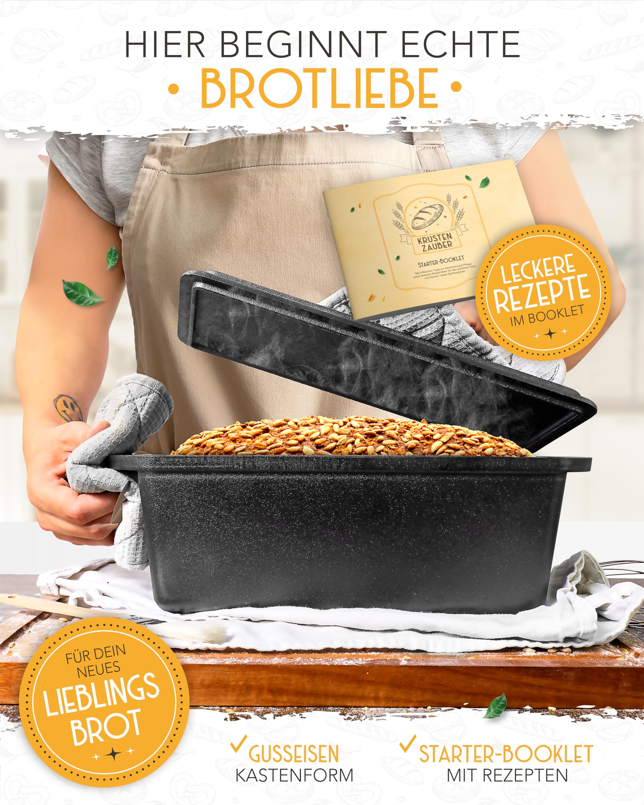 KRUSTENZAUBER Gusseisen Brotbackform mit Deckel - Robuste rechteckige 28cm Backform - Ideal als Kastenform, Toastbrot-Backform, Brotform, Gusseisen-Topf Brot backen Zubehör, Brottopf, cast iron