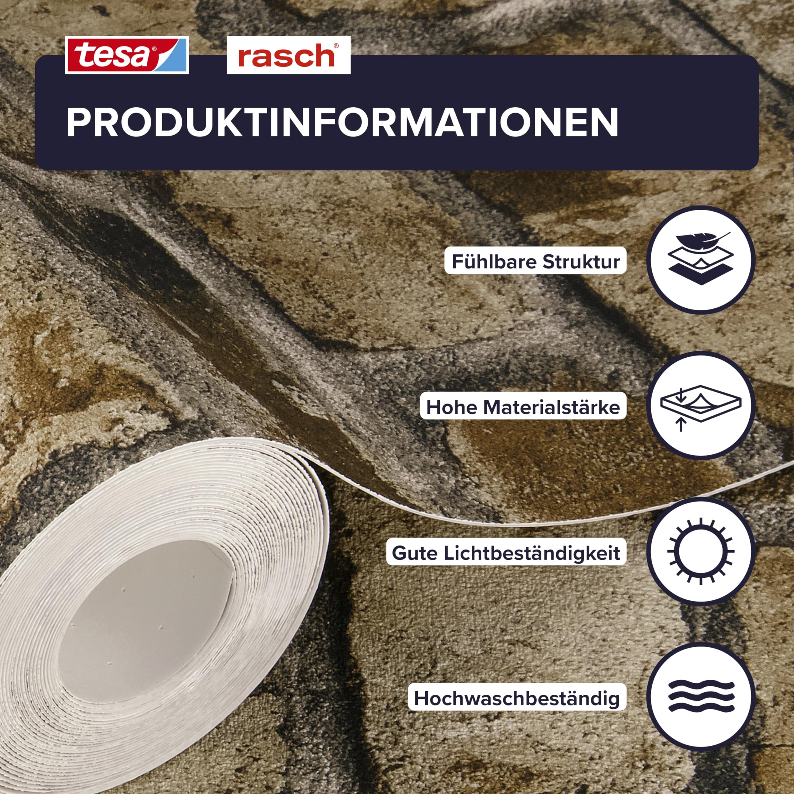 Rasch Selbstklebende Tapete Backstein Clayton - Strukturierte Vliestapete Steinoptik, Mauerwerk in Braun Beige - Einfaches Anbringen ohne Kleister mit tesa-Klebetechnologie - 6,00m x 0,53m
