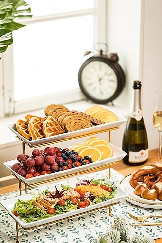 Miniatura 13 de LAUCHUH Soporte para servir de 3 niveles con bandeja de servir de porcelana con estante plegable más resistente, platos y platos para Acción