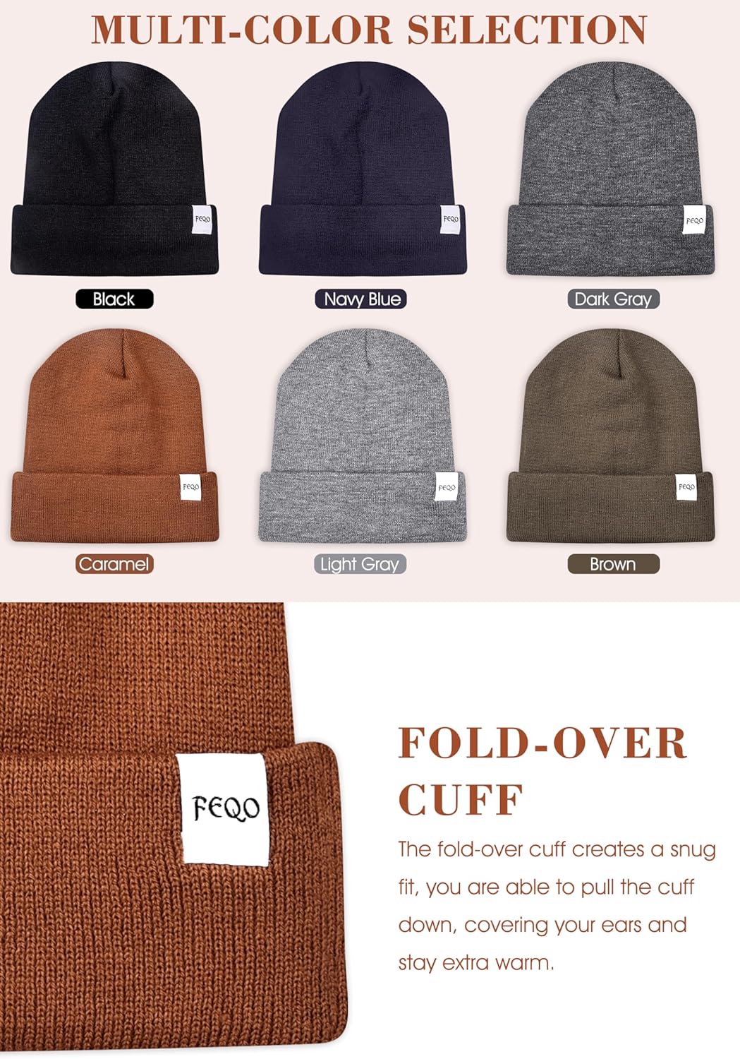 FEQO 6 Pack Satin Lined Beanie Soft Silk Lined Beanies Knit Winter Warm Cuffed Hats for Women Men - Image 5