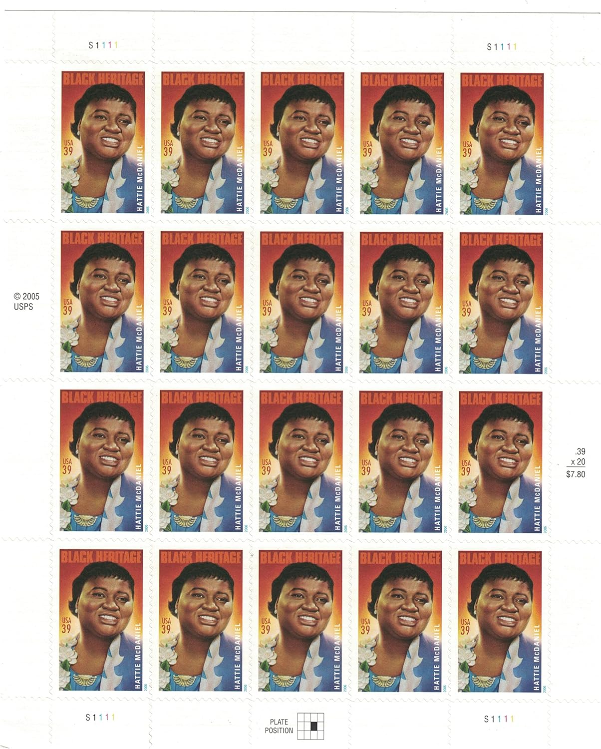 Collectible USA Postage Stamps 2006: Black Heritage Series: Actress Hattie McDaniel MNH Sheet Scott 3996