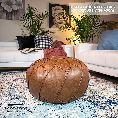 Miniatura 10 de Moderner Puf de piel sintética otomana sin relleno, reposapiés marroquí, cojín para reposapiés, solución de almacenamiento, color marrón natural