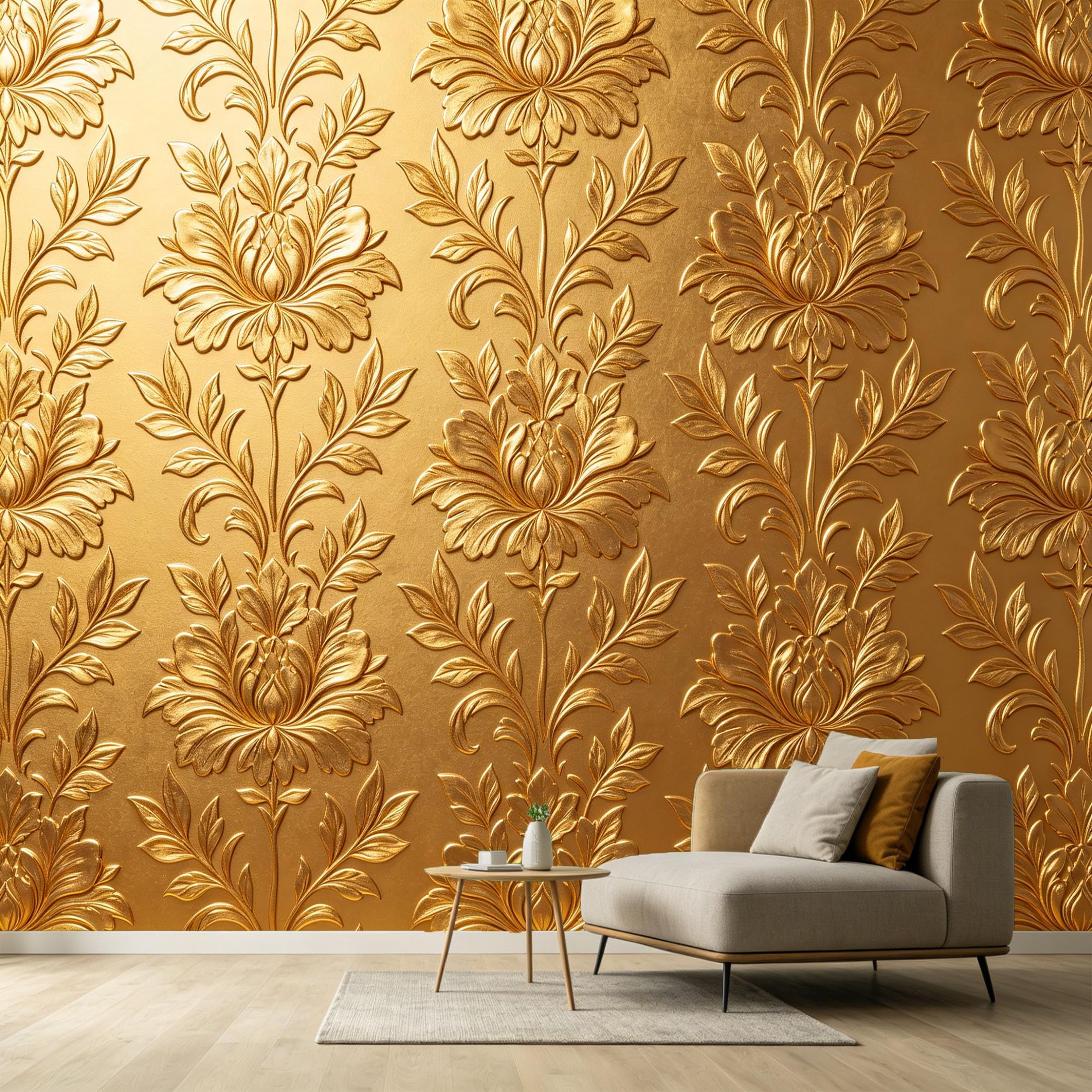 Custom Size Wall Murals Gold Metallic Floral Botanical Neoclassical Textured 3D Relief SelfAdhesive Wall Fabric Removable Large Wallpaper for Photo Living Room