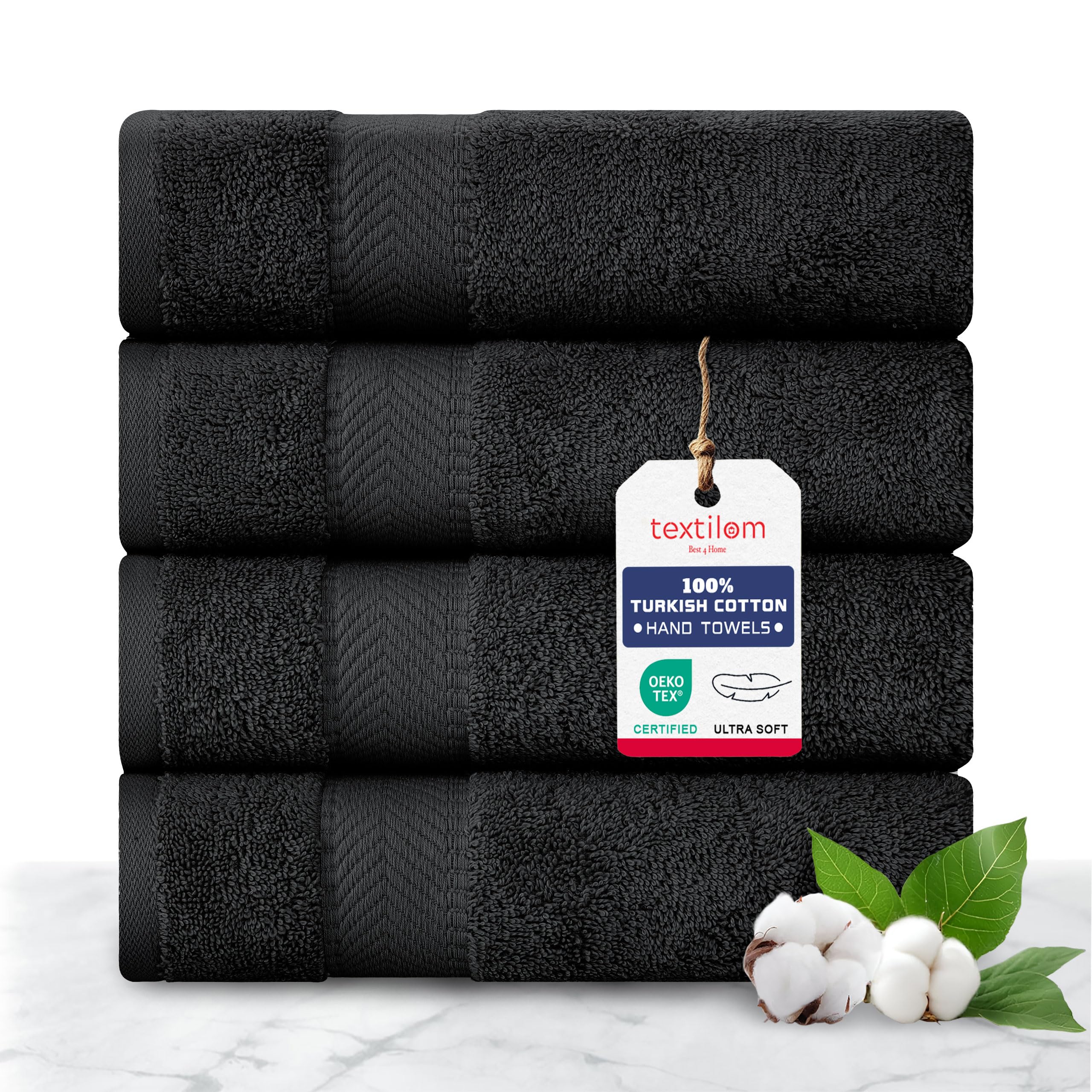 TEXTILOM 100% Turkish Cotton 4 Pcs Hand Towel Set, Luxury Hand Towels for Bathroom, Soft & Absorbent Bathroom Hand Towels Set (16 x 28 inches)- Black