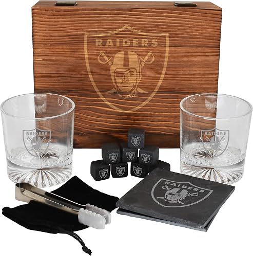 The Memory Company Licensed NFL Wood Boxed Drinkware Gift Set - Includes 2 Premium Rock Glasses, Cooling Cubes, Tongs, and Coasters, Las Vegas Raiders
