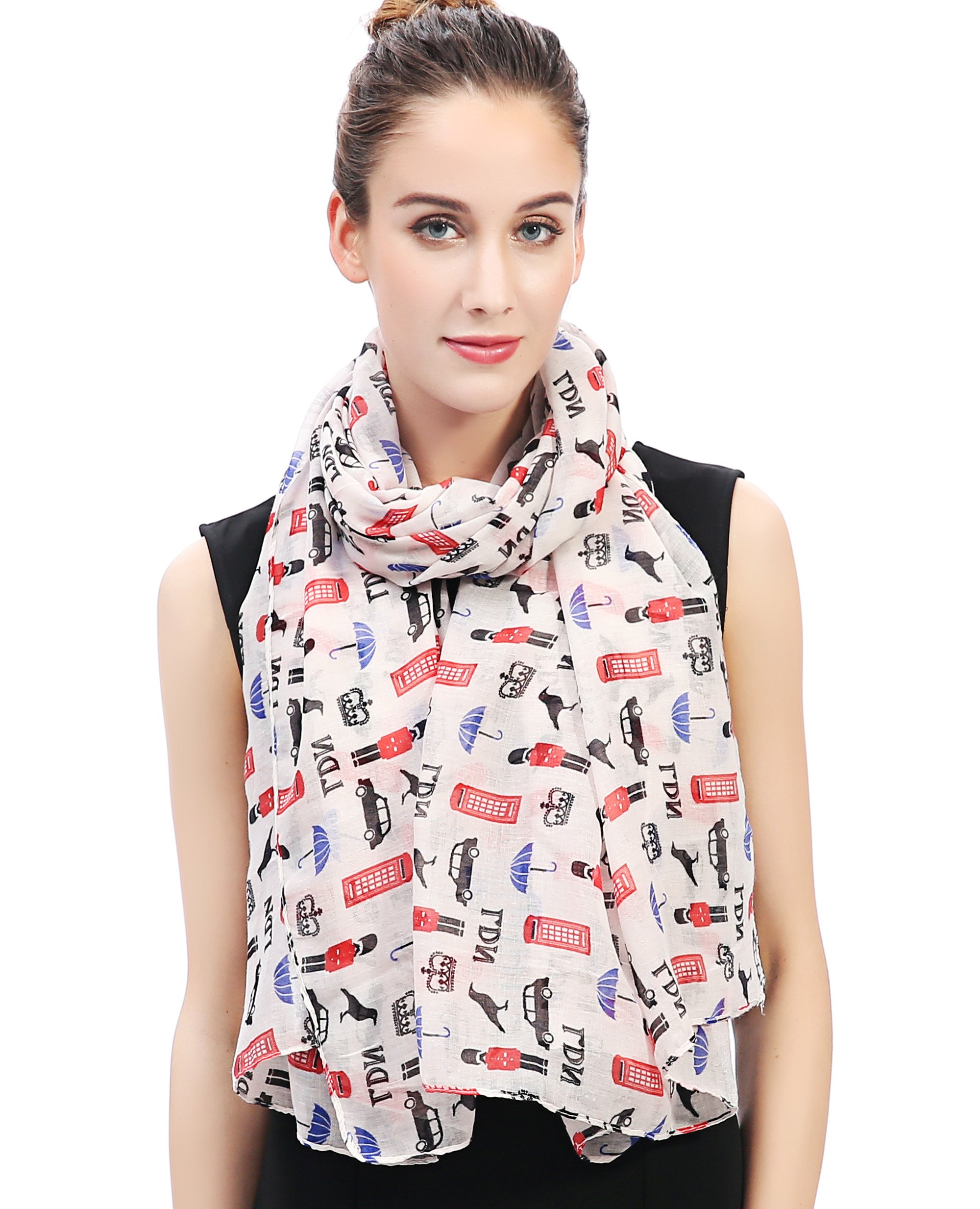 Lina & Lily Women's White London Souvenir Print Scarf Shawl Wrap Lightweight (White)
