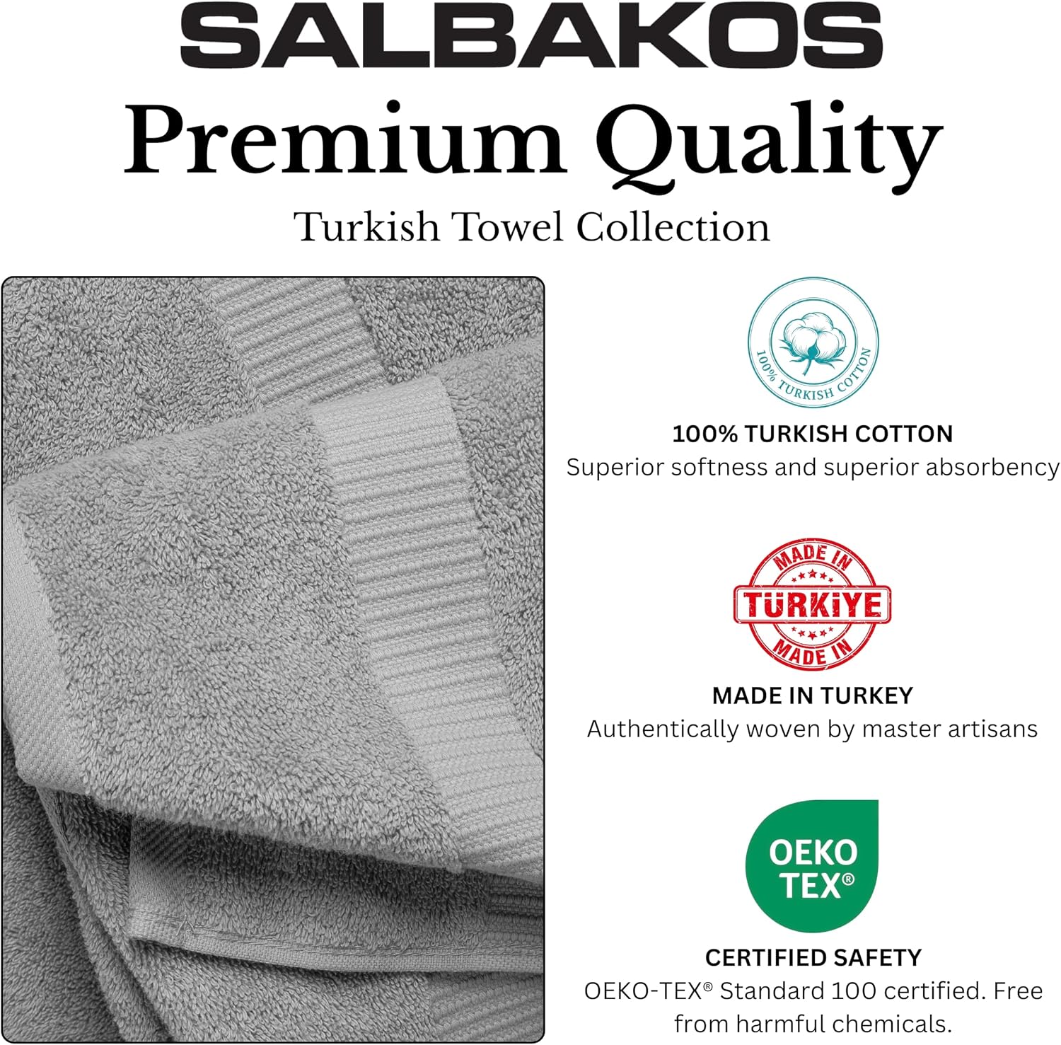 SALBAKOS 100% Turkish Cotton Washcloth Set of 12, 13x13 inch | Premium Quality | Hotel & Spa Collection | Ultra Soft, Super Absorbent, Wash Cloth Towels | Made in Turkey (Silver 12 Pcs Washcloth)