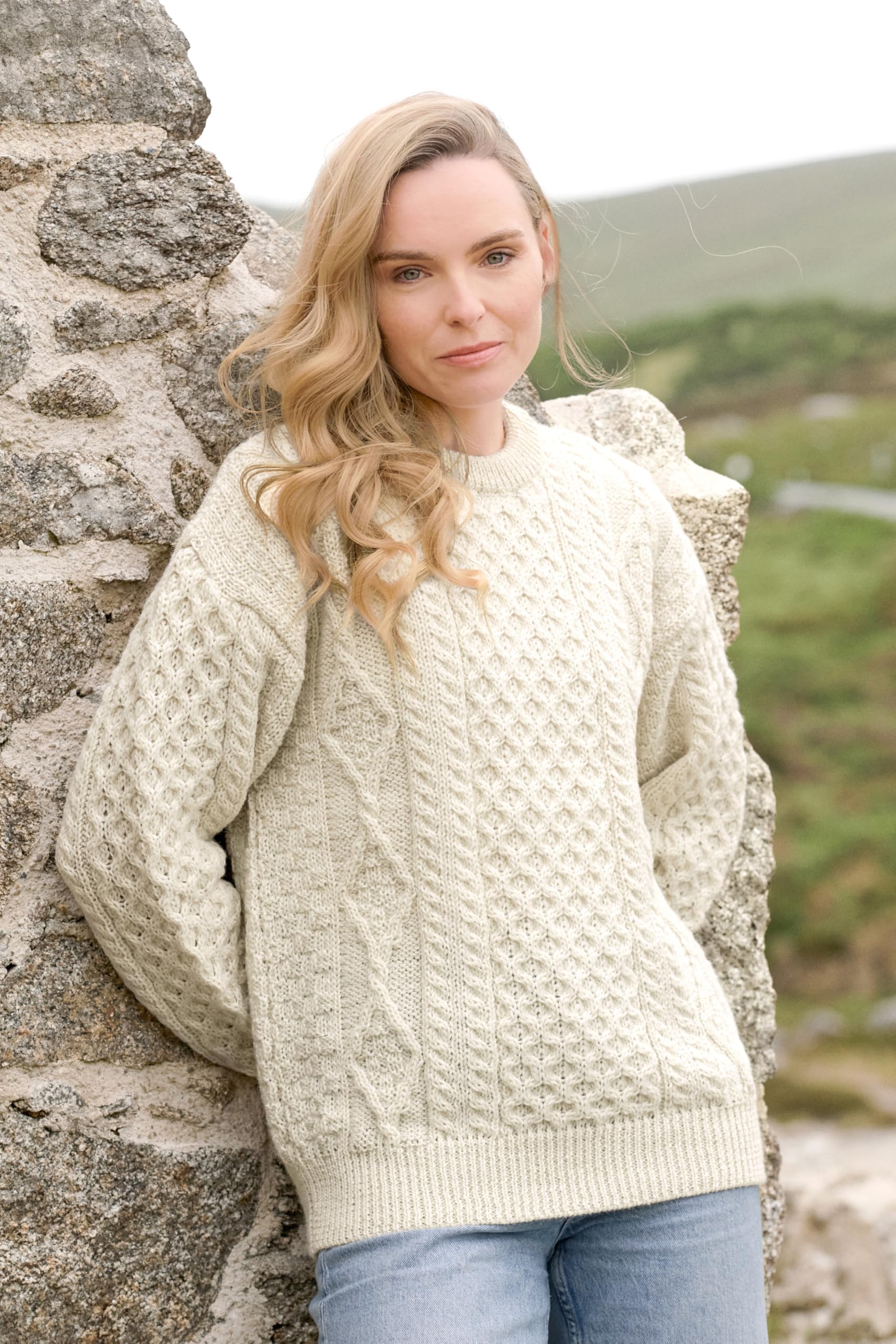 Aran Crafts Irish Soft Cable Knitted Crew Neck Unisex Sweater (100% Pure New Wool)
