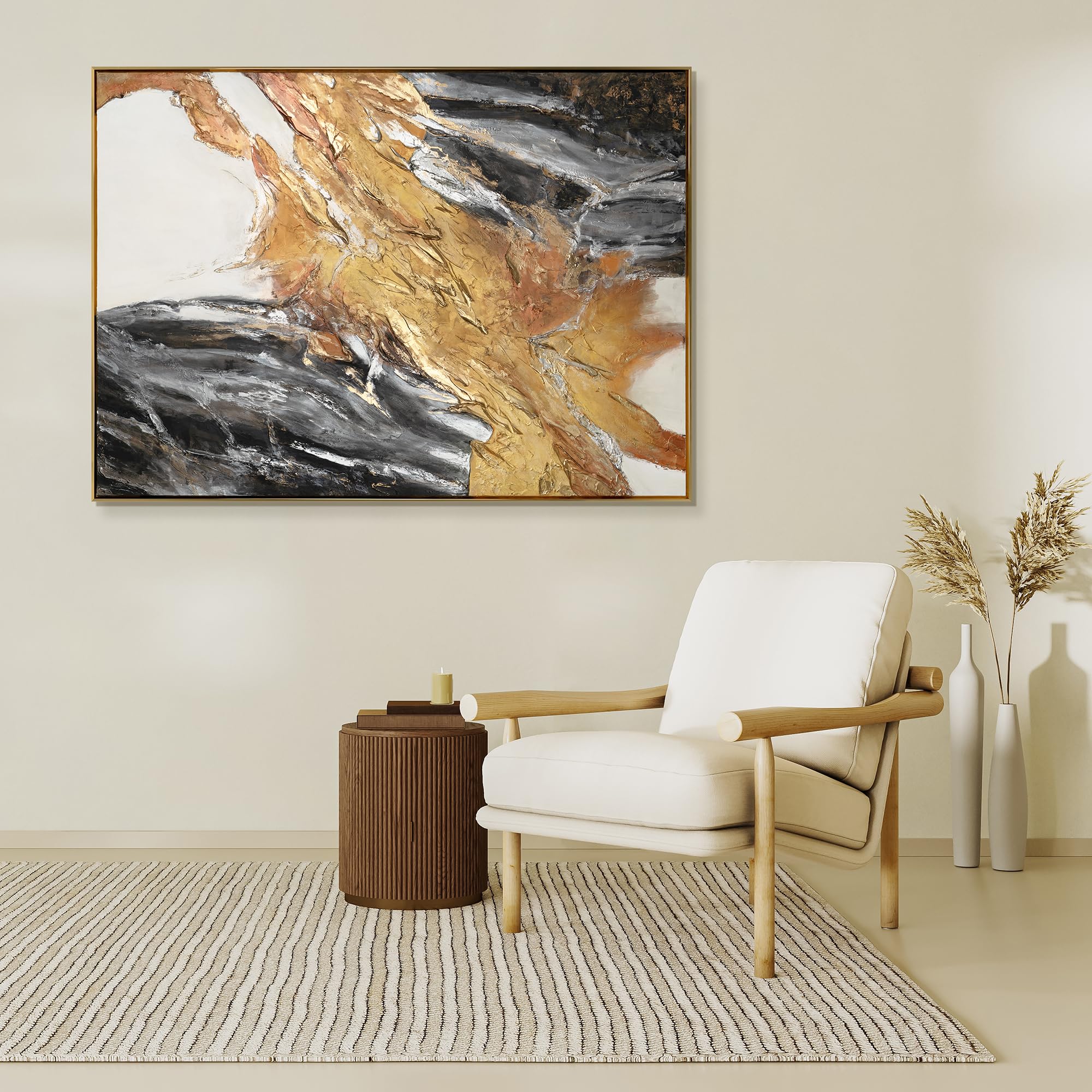 YS-Art Quadro Astratto Moderno Oro Nero e Bianco Dipinto a Mano su Tela con Texture Materica per Soggiorno Camera da Letto Ufficio 140x100 cm