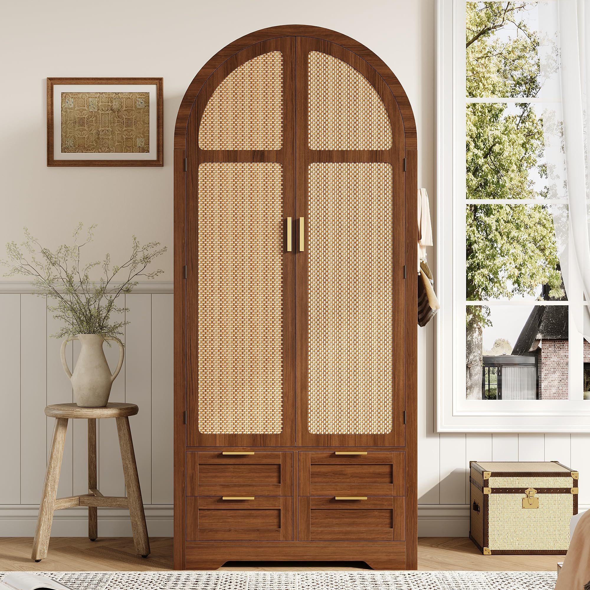 Armario Moderno con Puertas Curvas,Amplio Espacio de Almacenamiento,con Barra para Colgar y cajones,Armario de Lujo,Adecuado para dormitorios y áreas de Entrada (B)