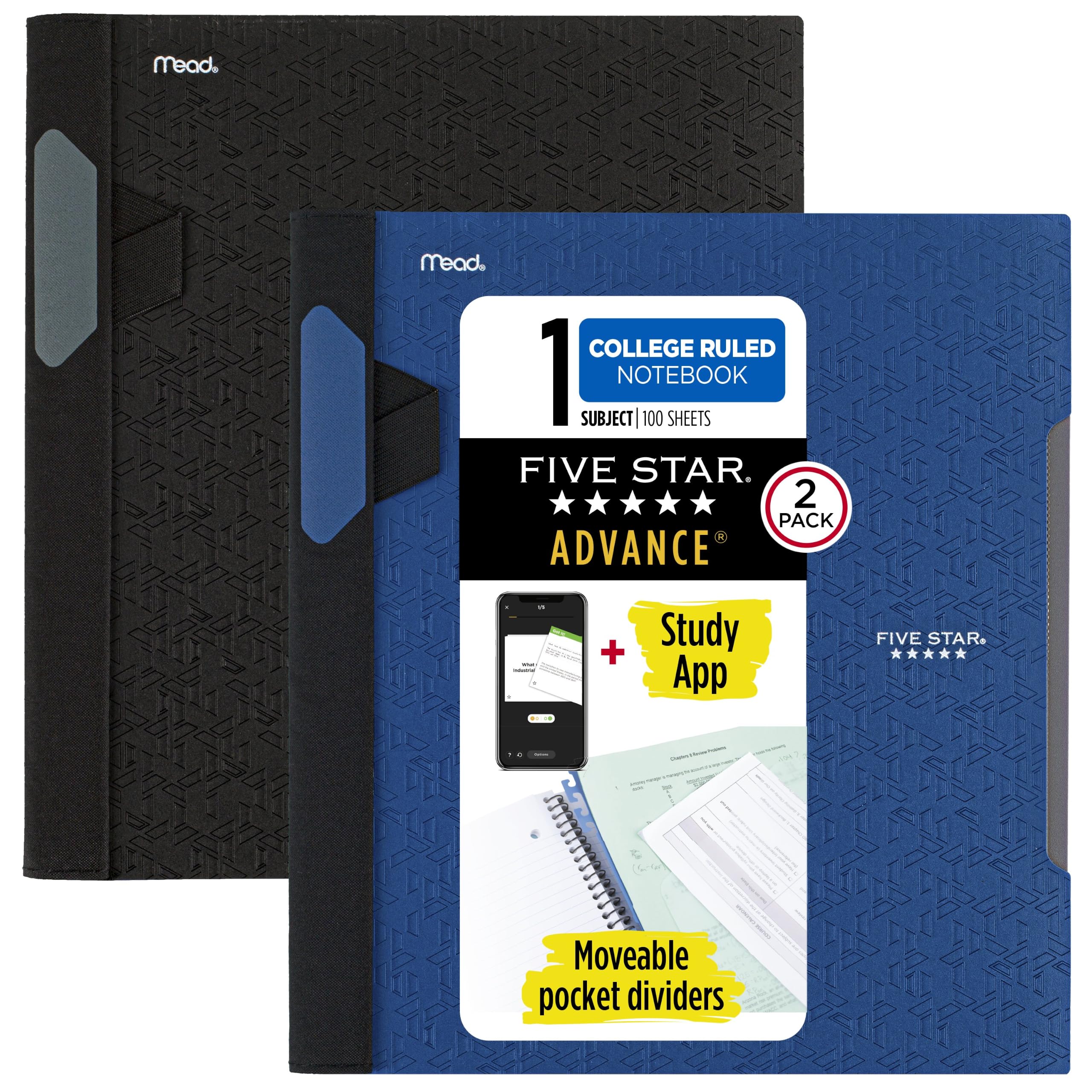 Five Star Advance Lot de 2 cahiers à spirales + application d'étude, 1 sujet, papier ligné pour université, 28 x 21,6 cm, 100 feuilles, avec protection à spirale et intercalaires mobiles, noir, bleu