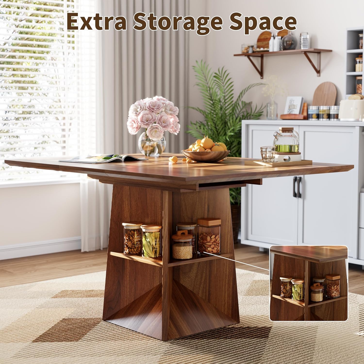 40"-54" Square Extendable Dining Table for 4/6/8, Modern Kitchen Table with Storage Shelf & Foot Support, Wood Dining Table for Living Room, Kitchen, Space Saving, Walnut