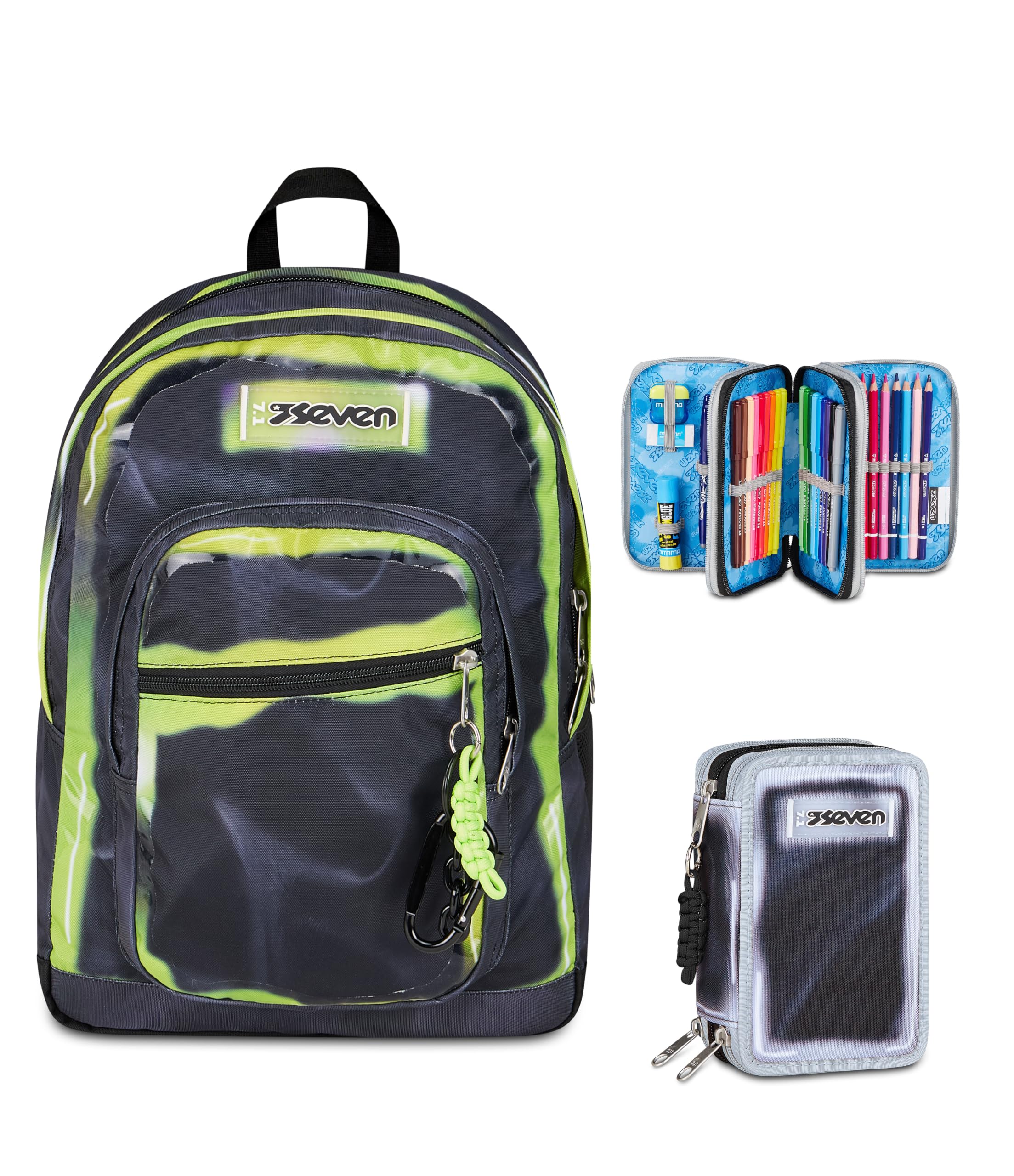 Seven Zaino Scuola FREETHINK, Doppio Scomparto, Nero, 34 L + Astuccio 3 zip SHADOWS OF COLOR, Nero, 45 pezzi, Elementari, Medie, Bambini, Ragazzi