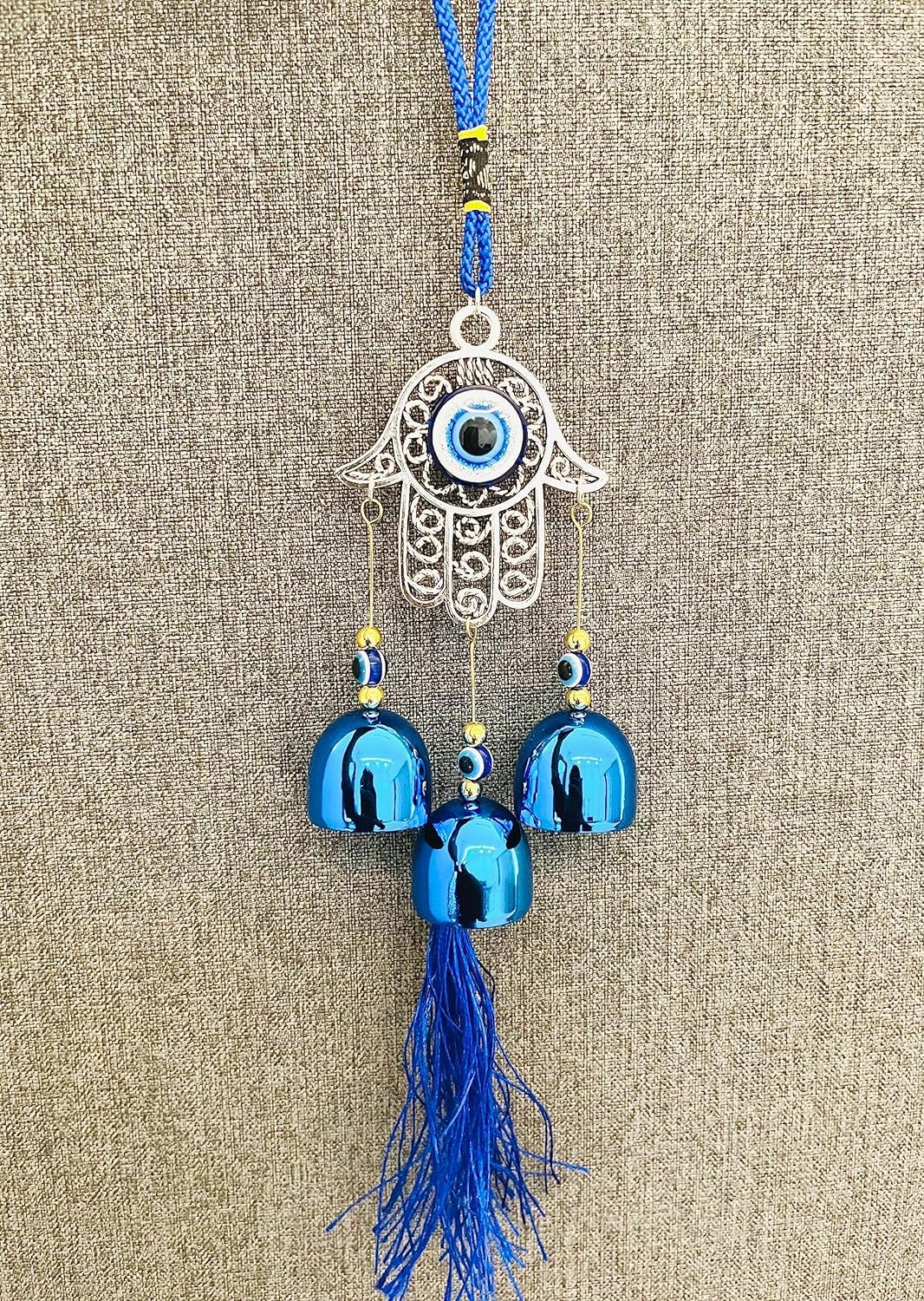 Hamsha Hand with 3 Bells Blue Handmade Blue Evil Eye Hanging for Good Luck Zodiac Success Health Wealth Prosperity | Decoration for Home Office Garden and Car Hanging |Nazar Battu