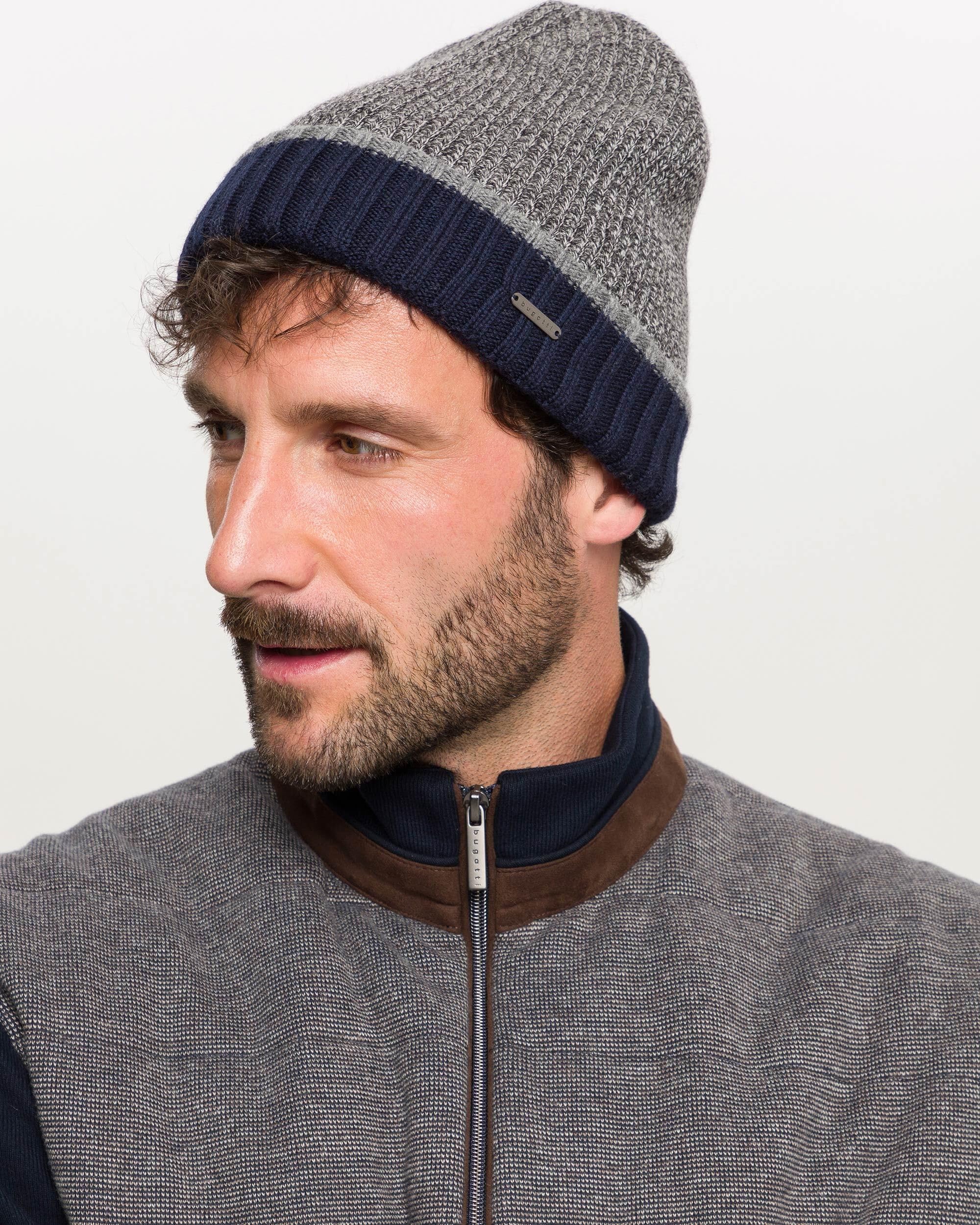 bugatti Herren Mütze mit Rippenmuster - Strickmütze mit farblich abgesetztem Rand - 100% Wolle - One Size