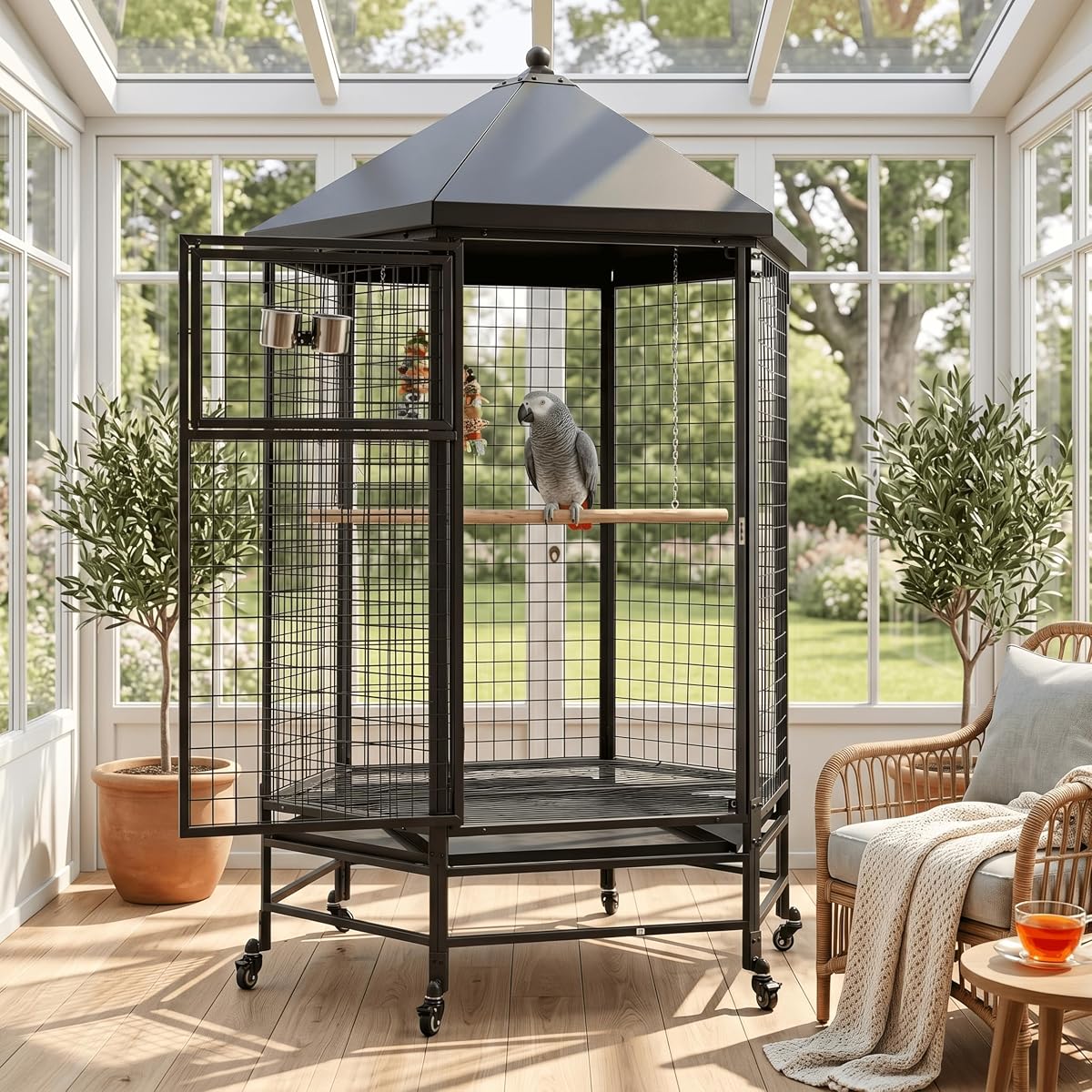 69" Large Bird Cage for Parrots, Heavy Duty Bird Aviary on Wheels with Slide-Out Trays for African Greys, Cockatoos, Macaws, Indoor Outdoor, Black