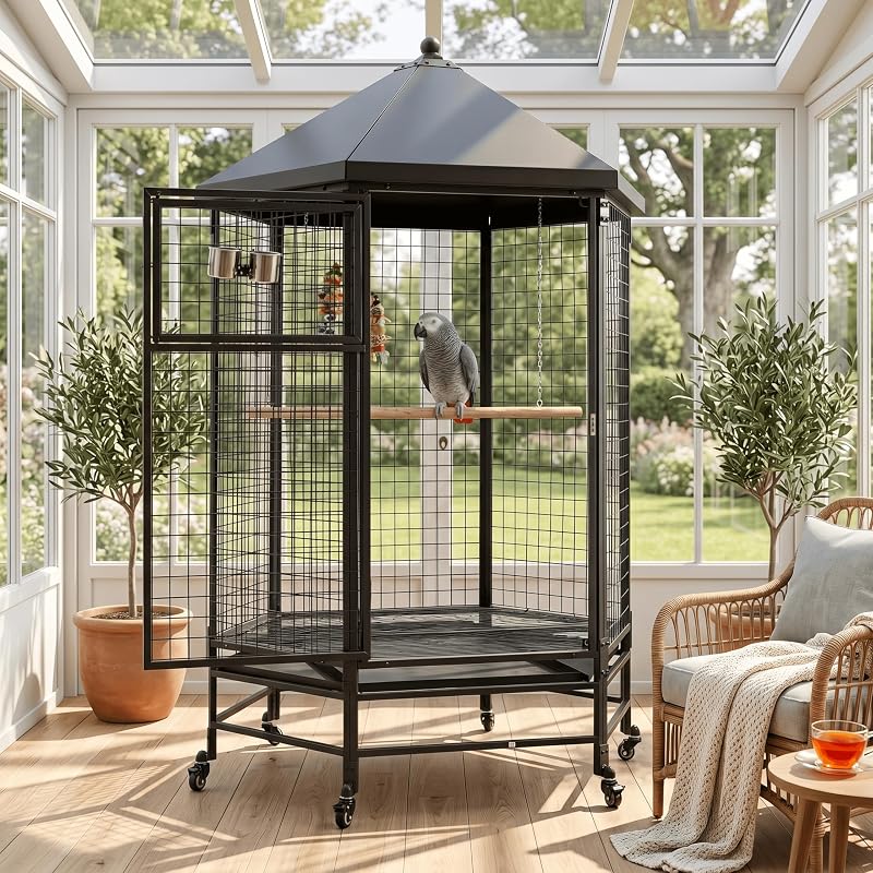 69" Large Bird Cage for Parrots, Heavy Duty Bird Aviary on Wheels with Slide-Out Trays for African Greys, Cockatoos, Macaws, Indoor Outdoor, Black