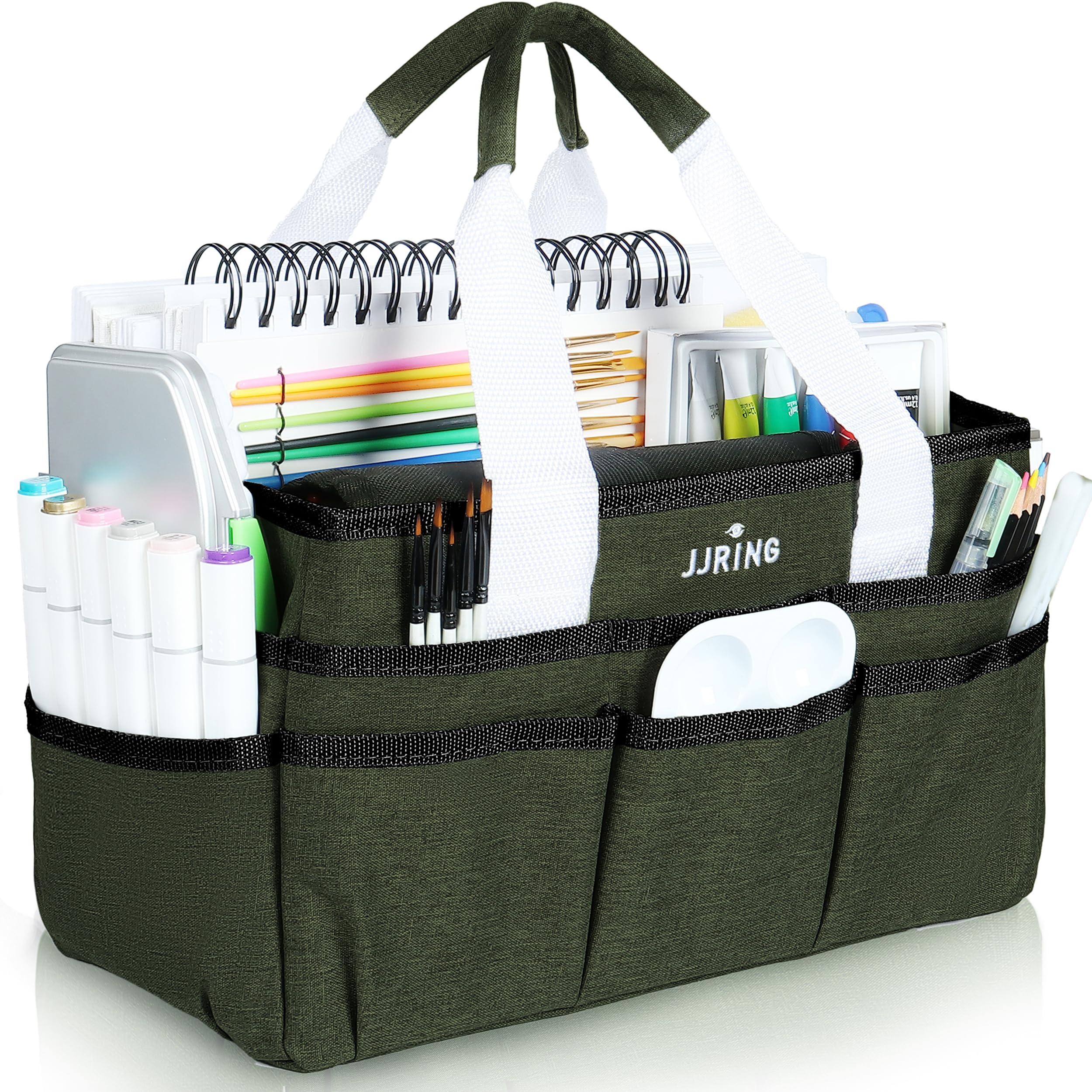 JJRING Craft Organizer Tote Bag, Art Storage Caddy with Multiple Pockets, Sap Green Sewing Bag for Art, Craft, Scrapbooking, Medical, and Office