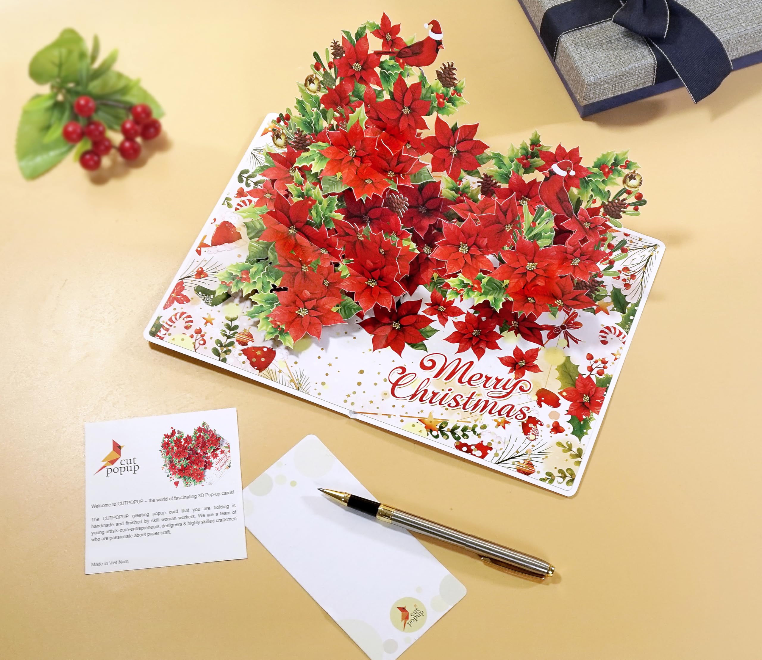 CUTPOPUP Exclusive Poinsettia Merry Christmas Cards 2025, Pop Up Christmas Cards w Envelope, 3D Xmas Card - Image 2