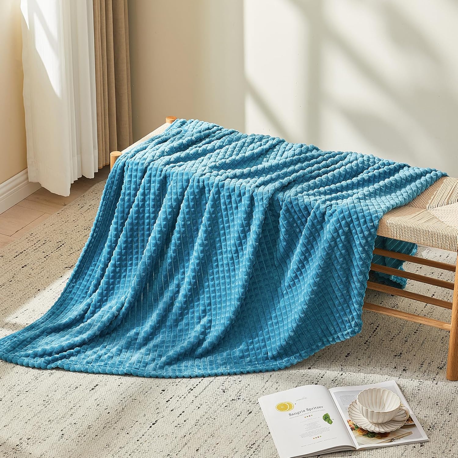 EMME Fleece Blanket, 3D Jacquard Throw Blanket for Couch and Bed, Soft Cozy and Fluffy Blankets Lightweight Luxury Flannel with Geometric Grid Design (Peacock Blue, 50" x 60") - Image 4
