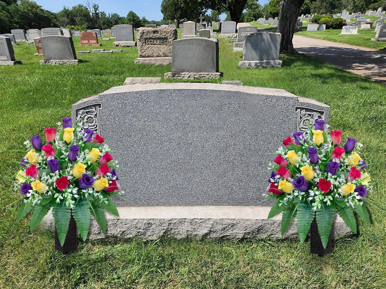 LVXINLI Artificial Cemetery Flowers, Gravesite Decoration Roses, Memorial Bouquets with Cemetery Vase, Vibrant and Long-Lasting Colors (Yellow+Purple+Brilliant Red, 2 Bundles)