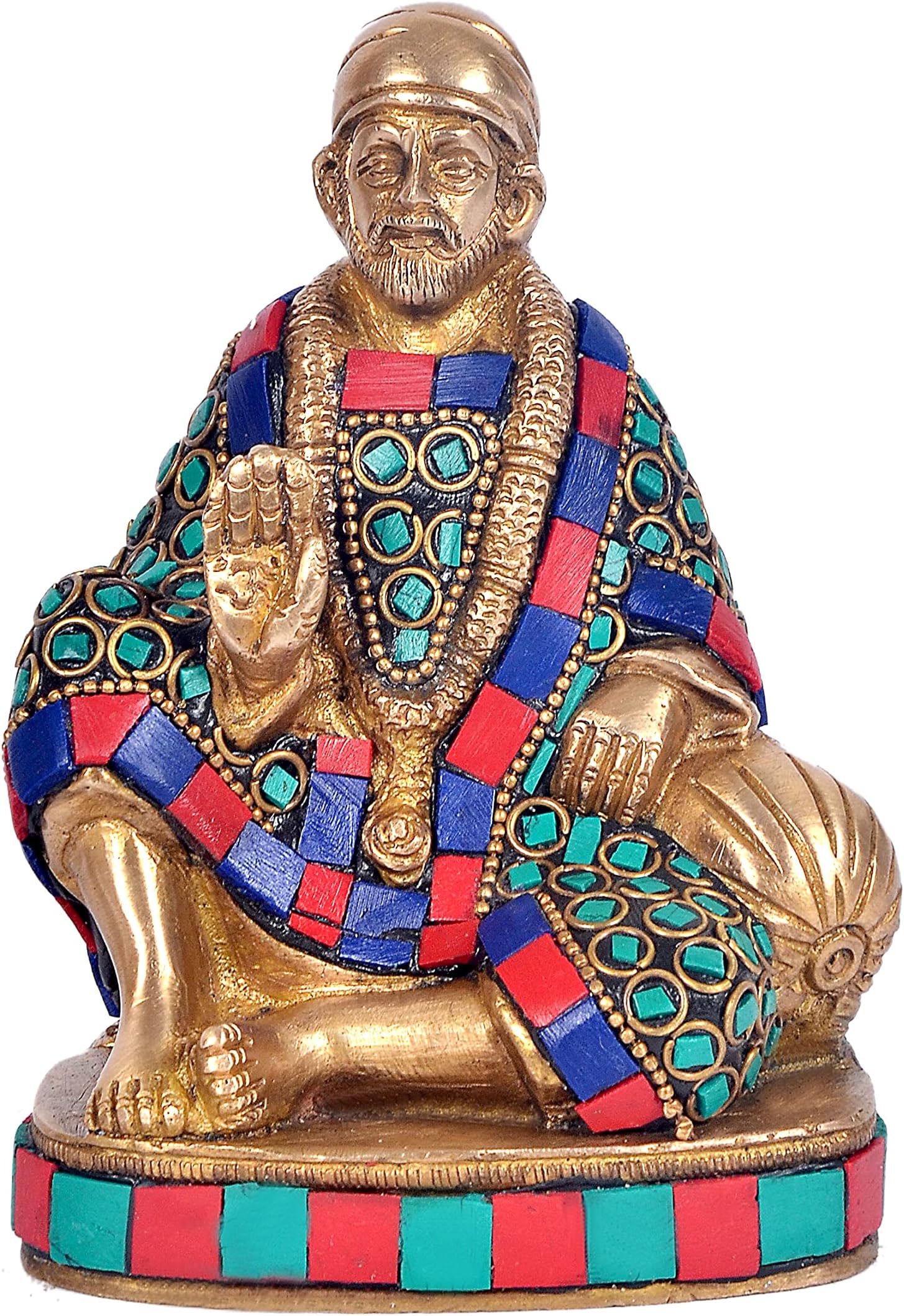 AONA Brass Shirdi Wale Sai Baba Statue Idol Sai Baba Inlay Work Height 5 Inch