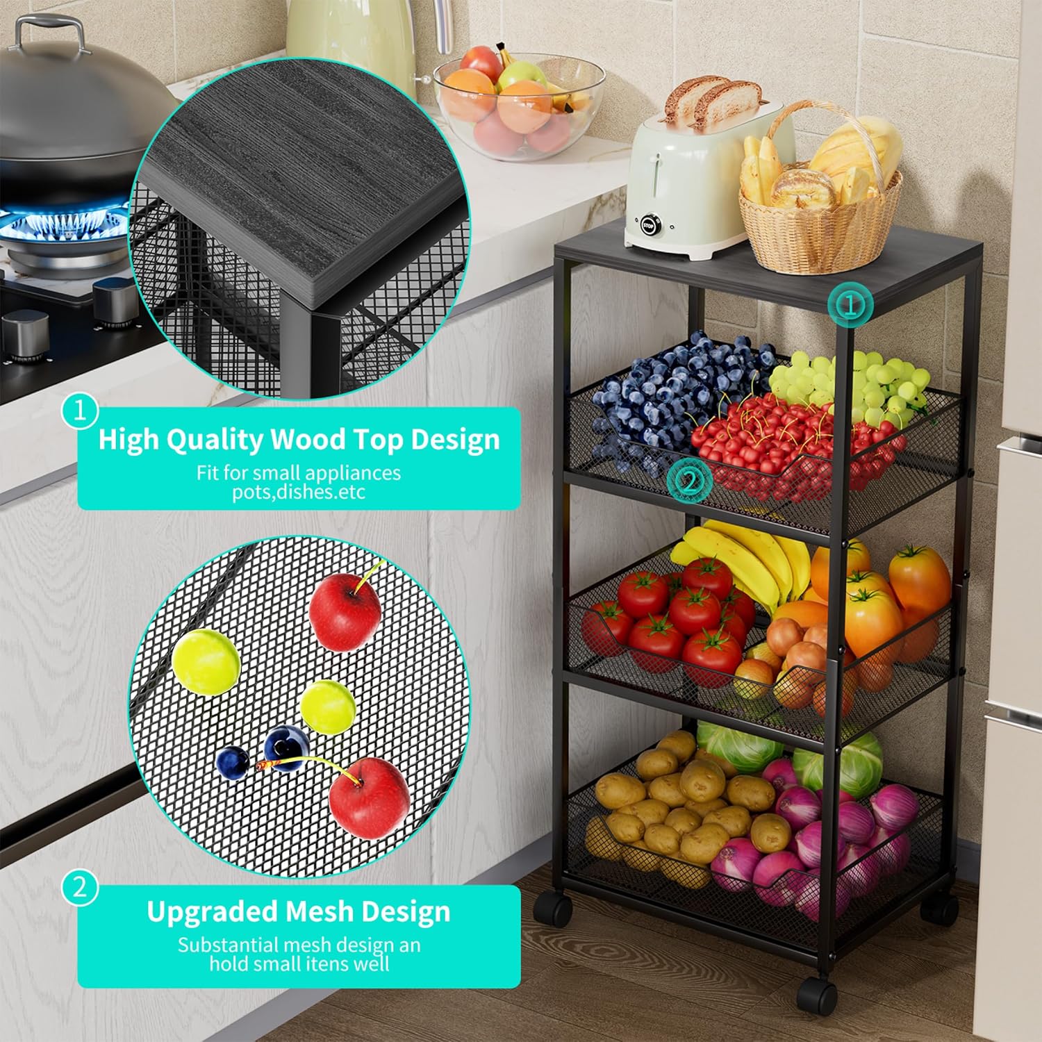 HapiRm Fruit Basket Kitchen Cart - 4-Tier Rolling Storage Cart with Wheels, Fruit Vegetable Basket with Wood Top, Pantry Utility Kitchen Organizer for Fruit Potato Onion Vegetable Bread Snack