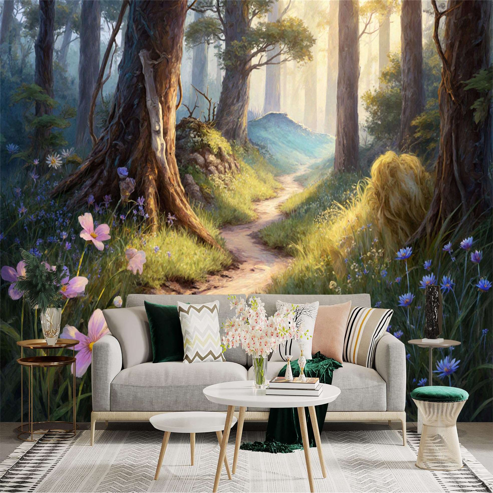 Custom Size Wall Sticker Mural， Enchanted Forest Path with Wildflowers and Sunlight Through Trees， for wall Decoration， peelandstick wall Decals.