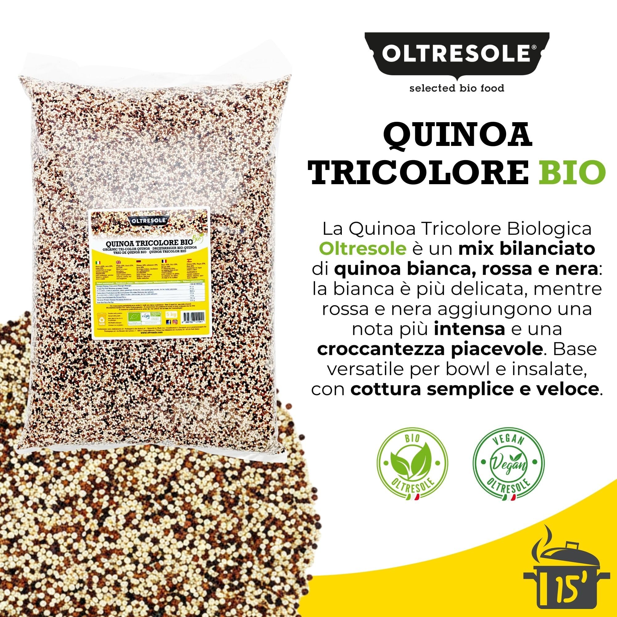 Oltresole, Quinoa Tricolore Biologica 5 kg, Mix di Quinoa Rossa, Bianca e Nera Bio, Superfood, Ricco di Proteine e Fibre, Ideale per Insalate, Zuppe e Piatti Vegani, Formato Convenienza