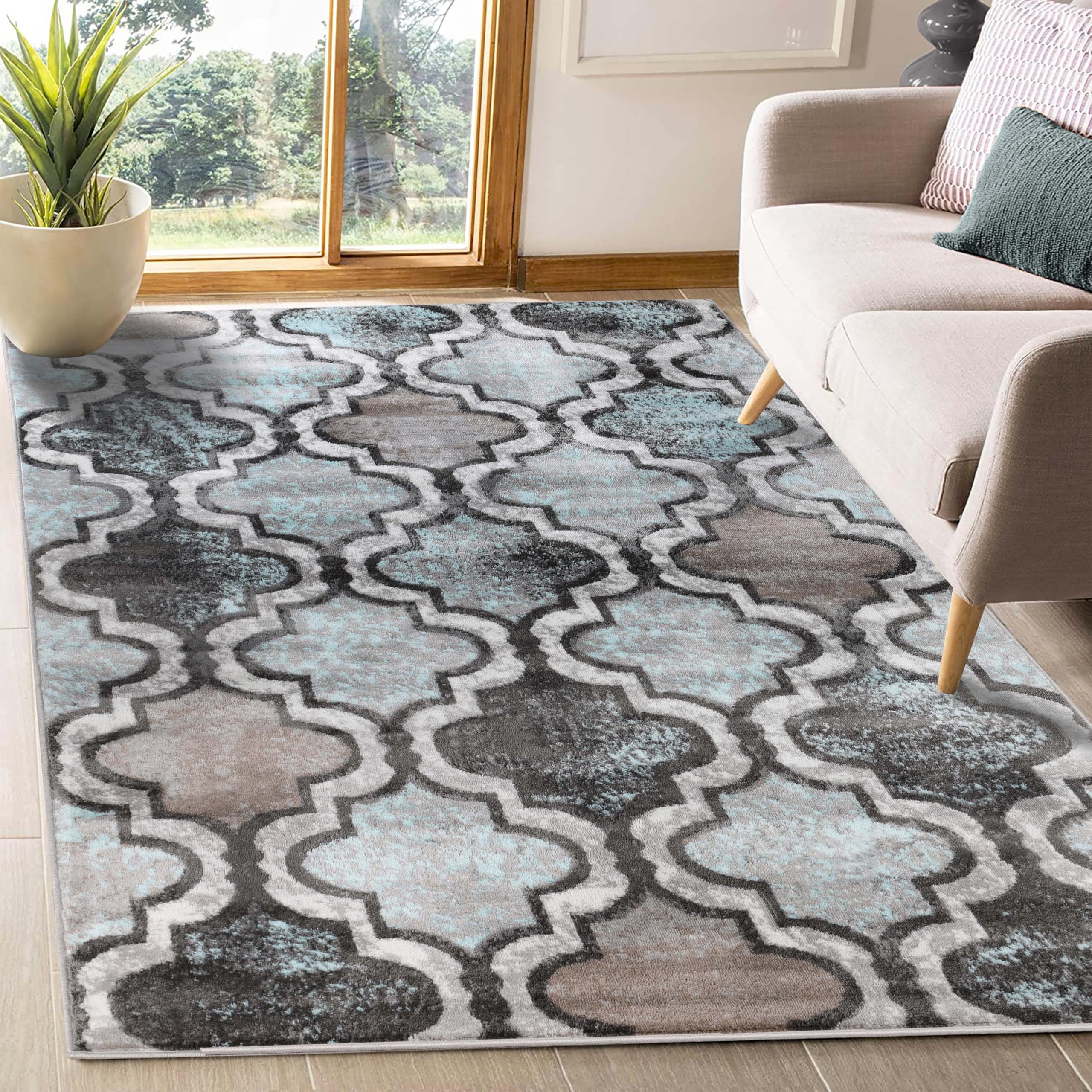 Superior Indoor Large Area Rug, Jute Backed, Perfect for Living/Dining Room, Bedroom, Office, Kitchen, Entryway, Modern Geometric Trellis Floor Decor, Viking Collection, 5' x 8', Turquoise