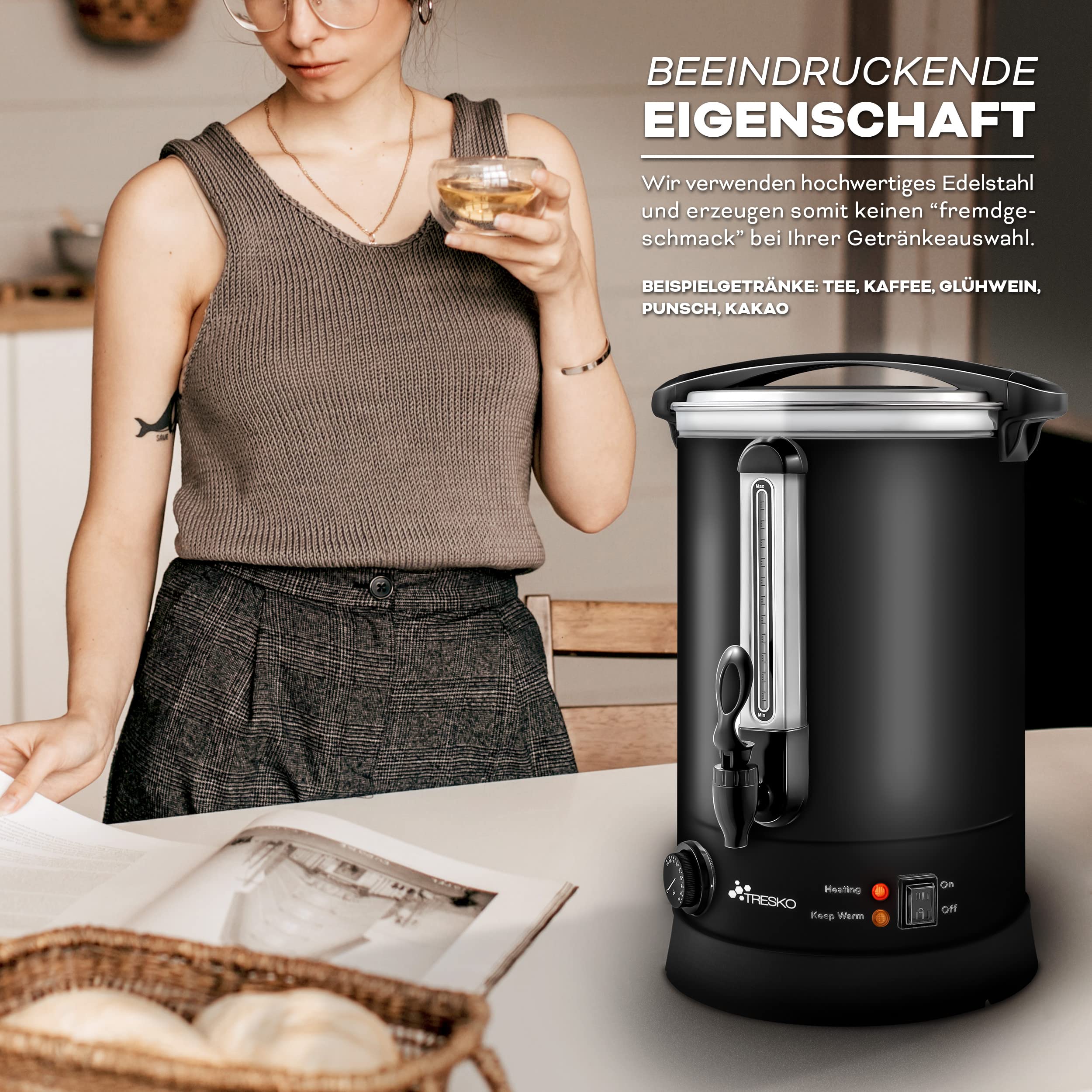 TRESKO® Bollitore per Vin Brulè 10L / 1500W Automatica da Cucina in Acciaio Inox Bollitore Vin Brulè Dispenser di Bevande Calde Distributore di Acqua Calda