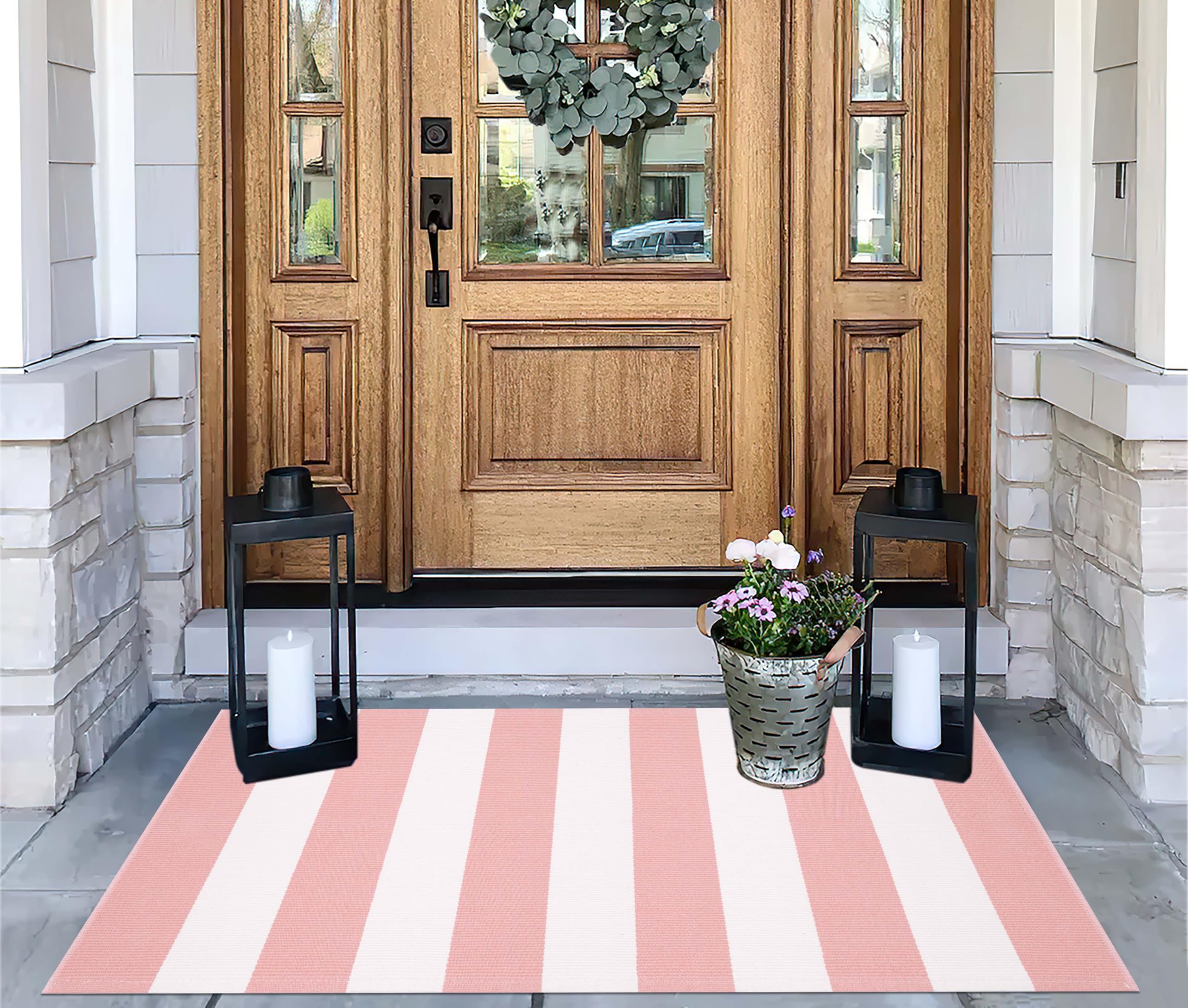 Tapis d'entrée extérieur Lavable à Rayures Roses et Blanches superposées 27