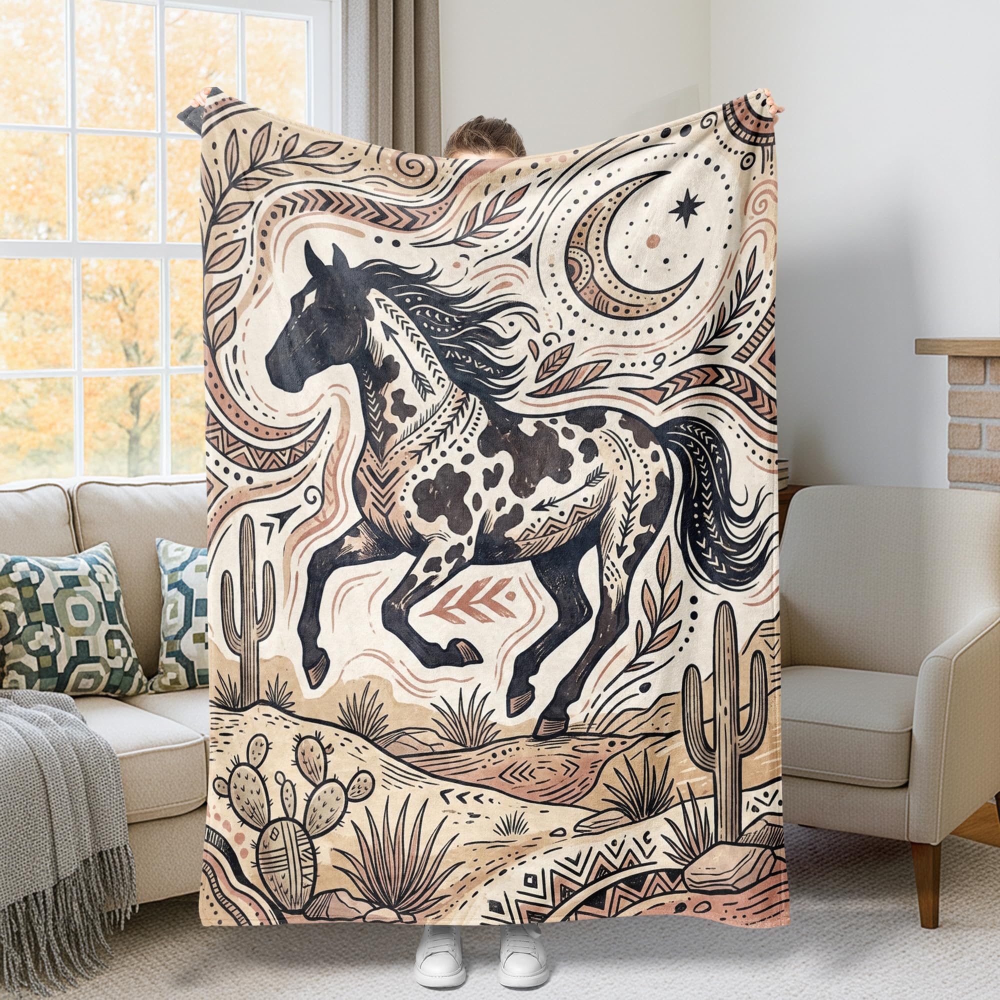 Couverture en flanelle beige et motif cheval, jeté de lit rustique chic