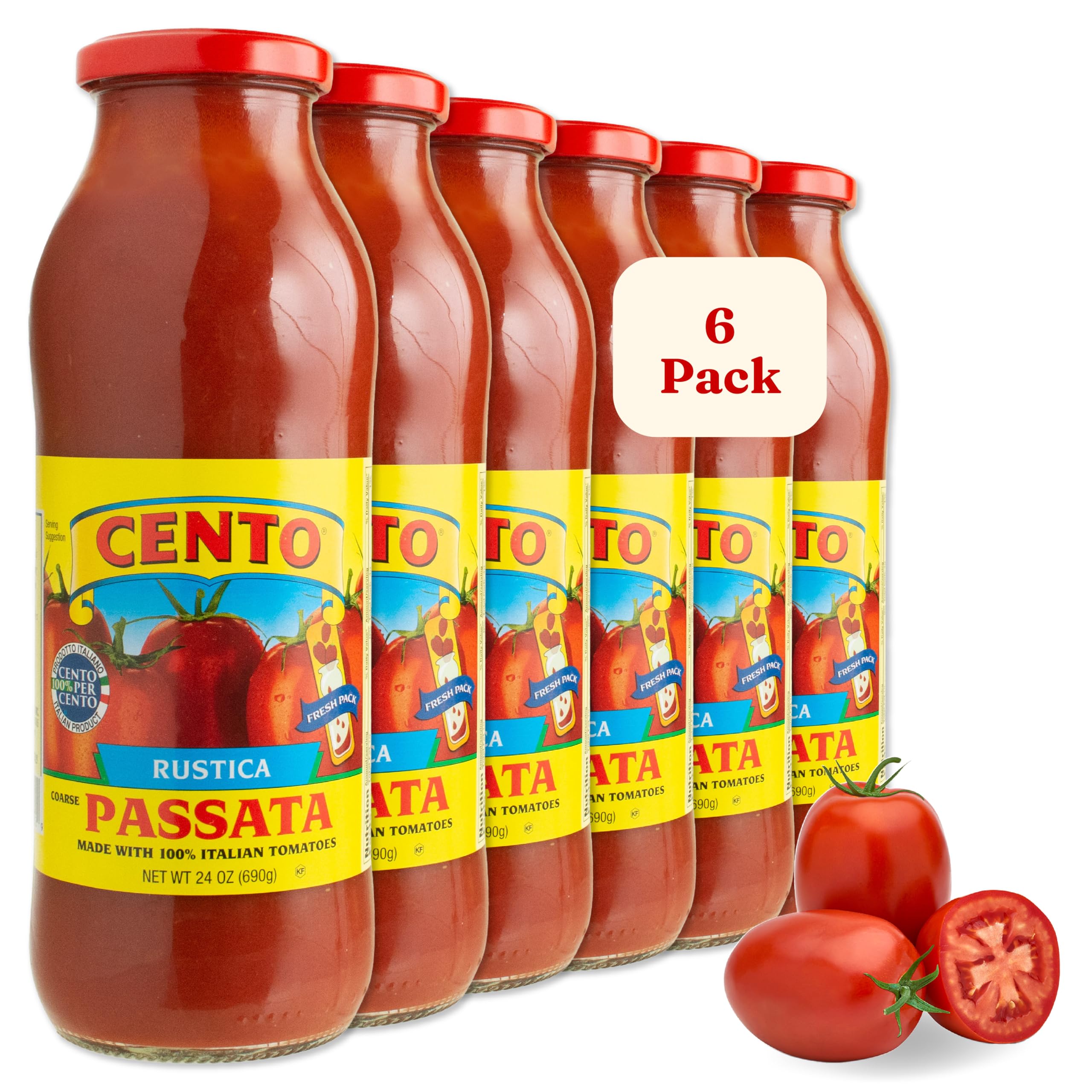 Rustica Passata, 24 Oz (Pack of 6), 100% Italian Crushed Tomatoes, Made in Italy from Fresh Whole Tomatoes - Non-GMO, Gluten-Free
